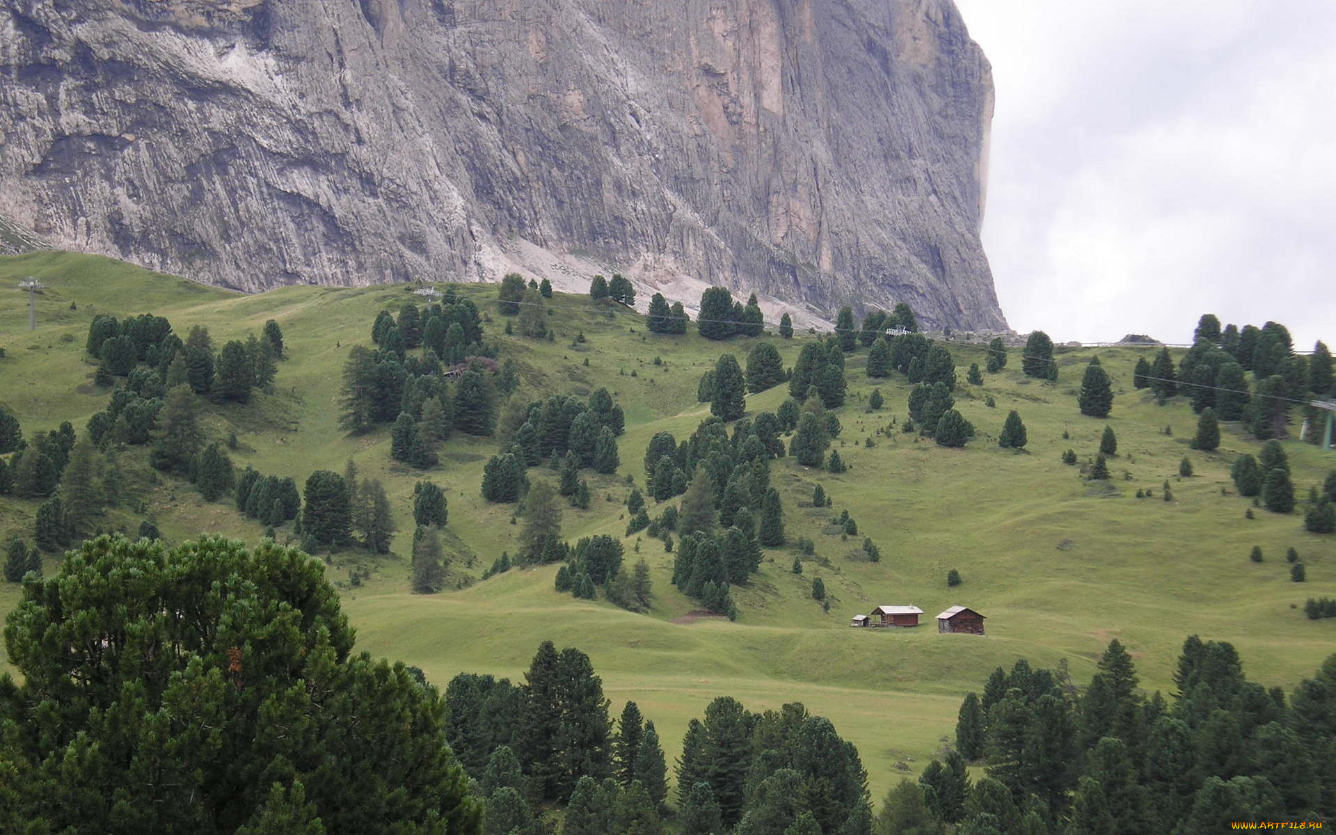 доломитовые, альпы, природа, деревья, домики, гора