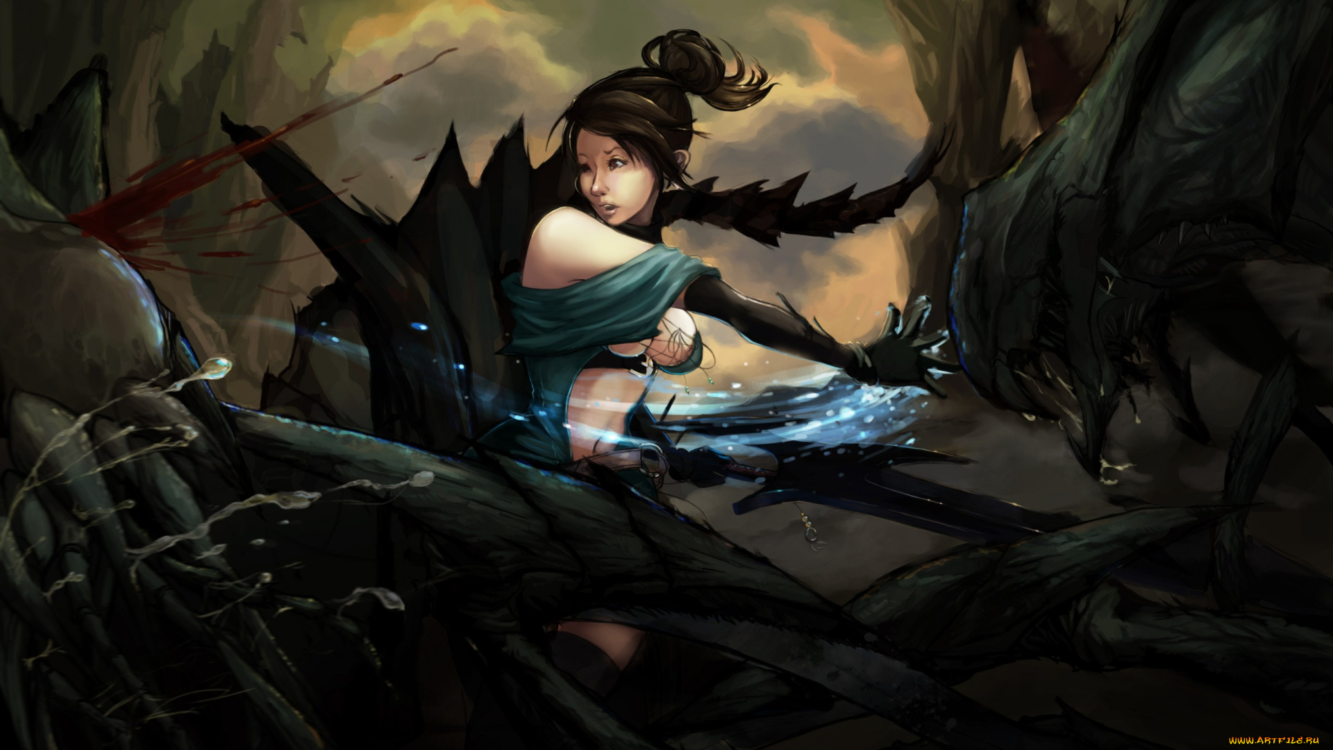 фэнтези, красавицы, и, чудовища, удар, девушка, монстры, схватка