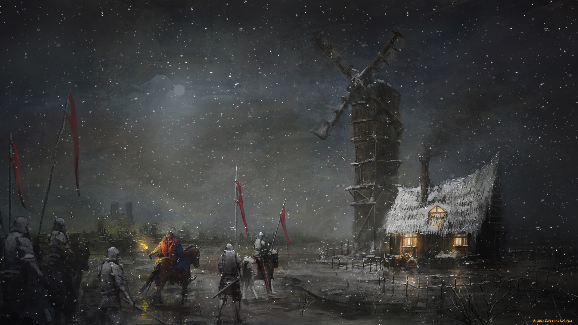 фэнтези, люди, рыцари, мельница, дом, снег