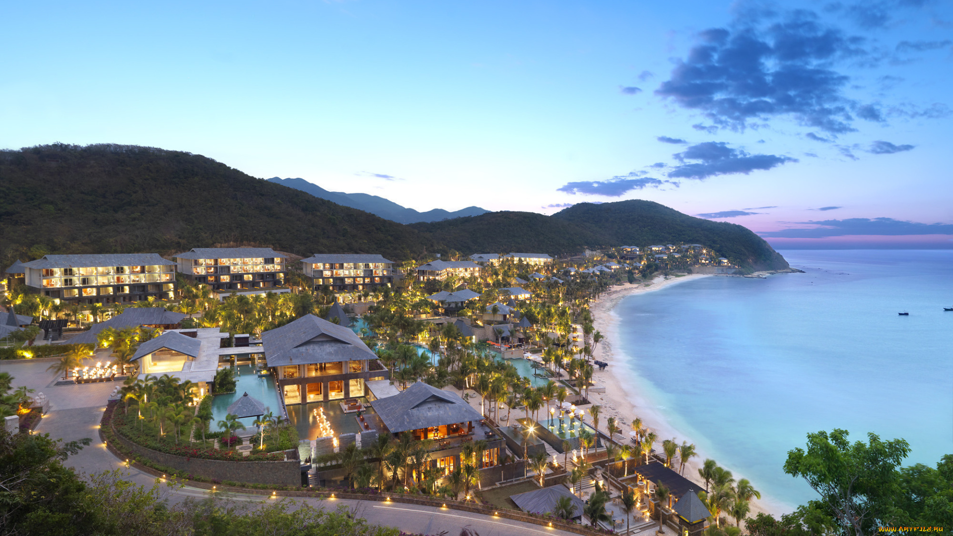 города, -, панорамы, seaside, night, cottages, sanya, hainan, island, china