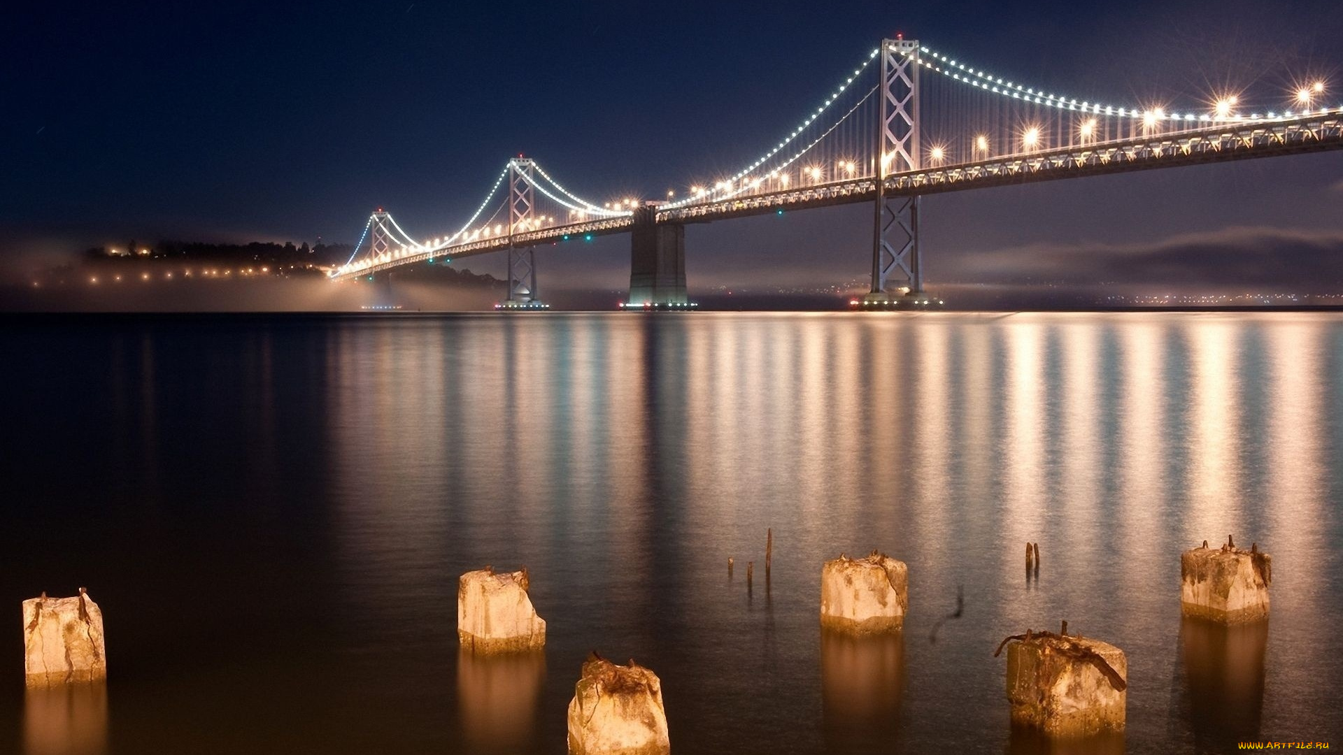 города, сан-франциско, , сша, залив, город, мост, река, туман, огни, ночь