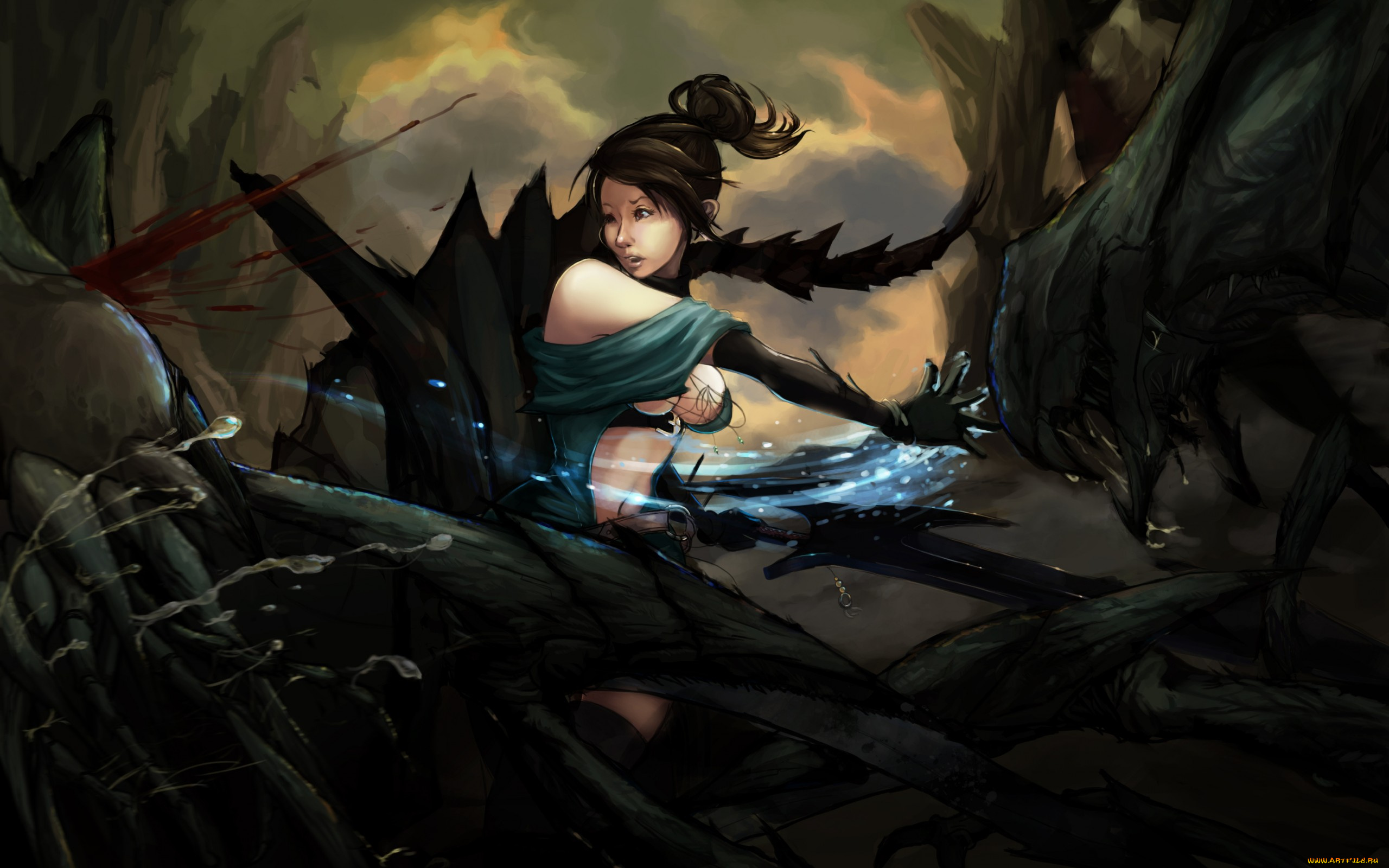 фэнтези, красавицы, и, чудовища, удар, девушка, монстры, схватка