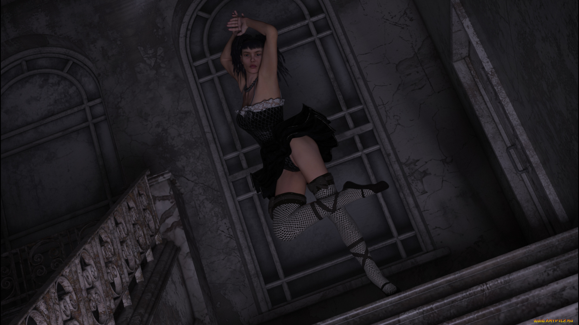 3д, графика, люди, , people, девушка, взгляд, фон, лестница