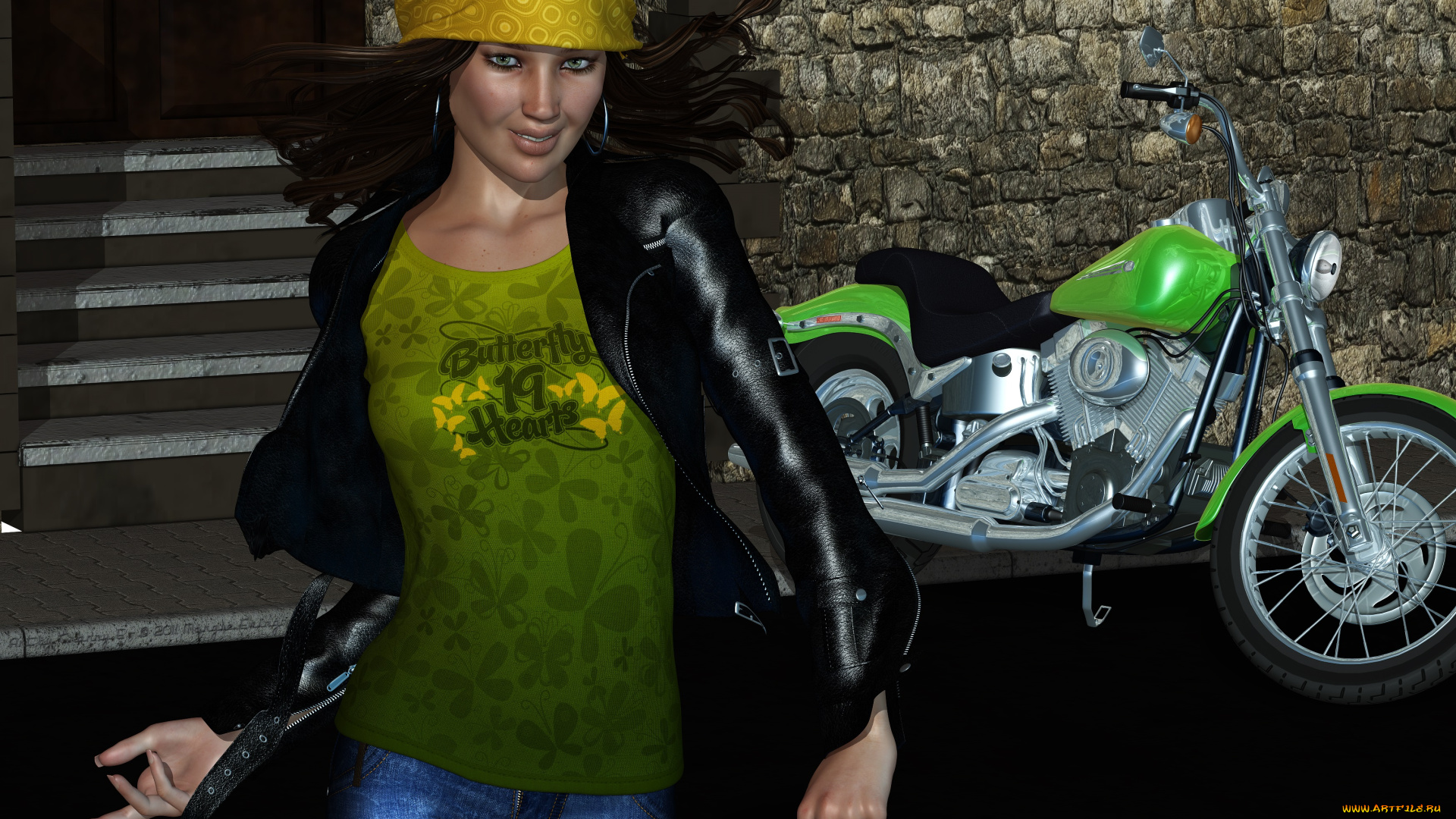 3д, графика, люди, , people, девушка, взгляд, фон, мотоцикл