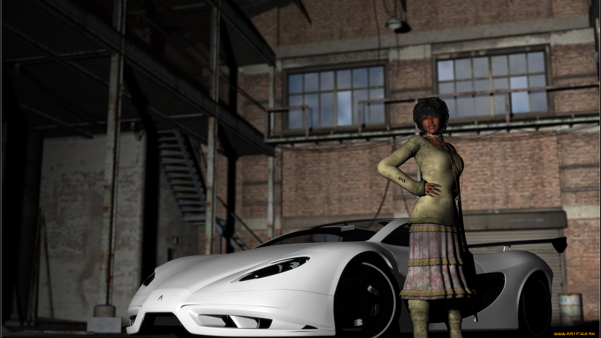 3д, графика, люди, , people, девушка, взгляд, фон, автомобиль
