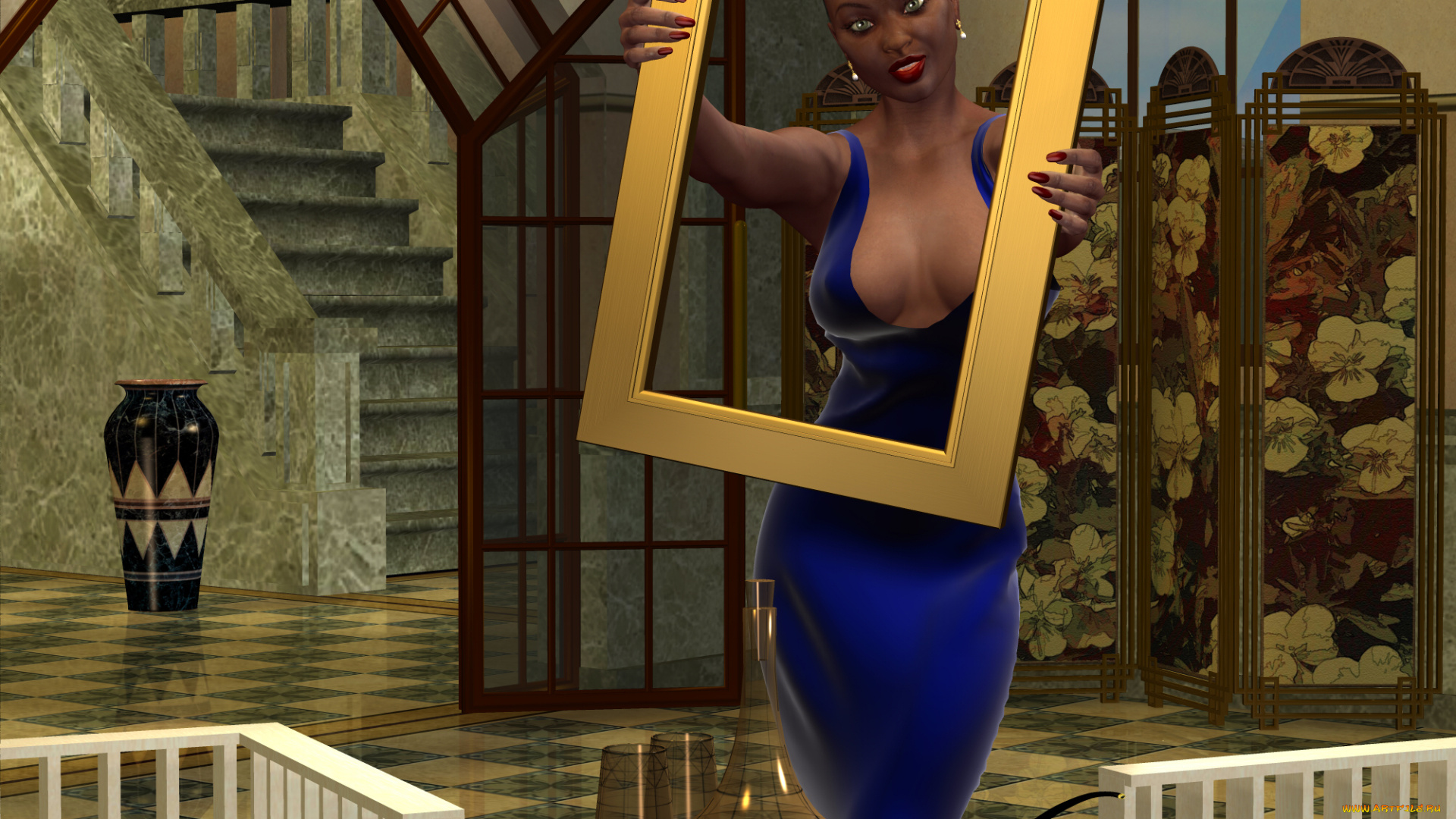 3д, графика, люди, , people, ваза, рамка, стол, фон, взгляд, девушка