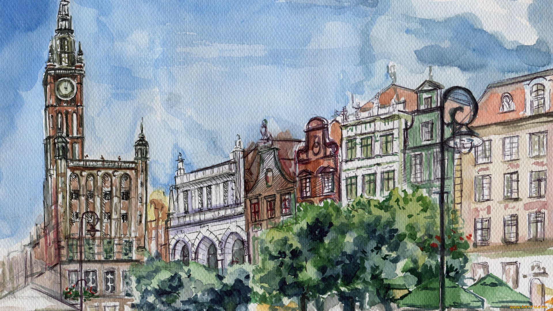 рисованное, города, big, ben, лондон, живопись