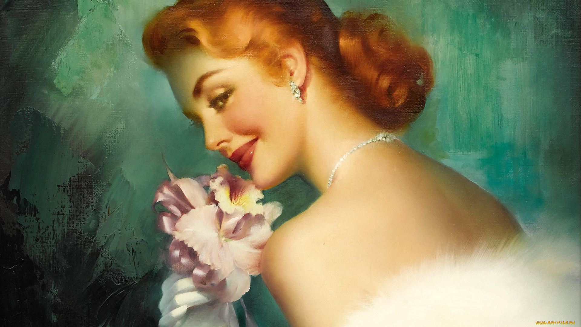 рисованное, живопись, холст, edward, runci, макияж, взгляд, спина, цветок, перчатки, прическа