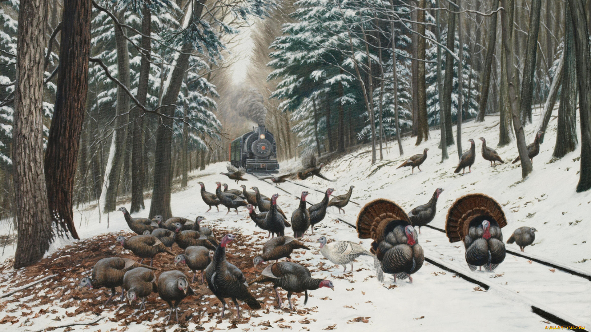 рисованное, живопись, рисунок, картина, пейзаж, холст, лес, рельсы, поезд, птицы, снег, зима