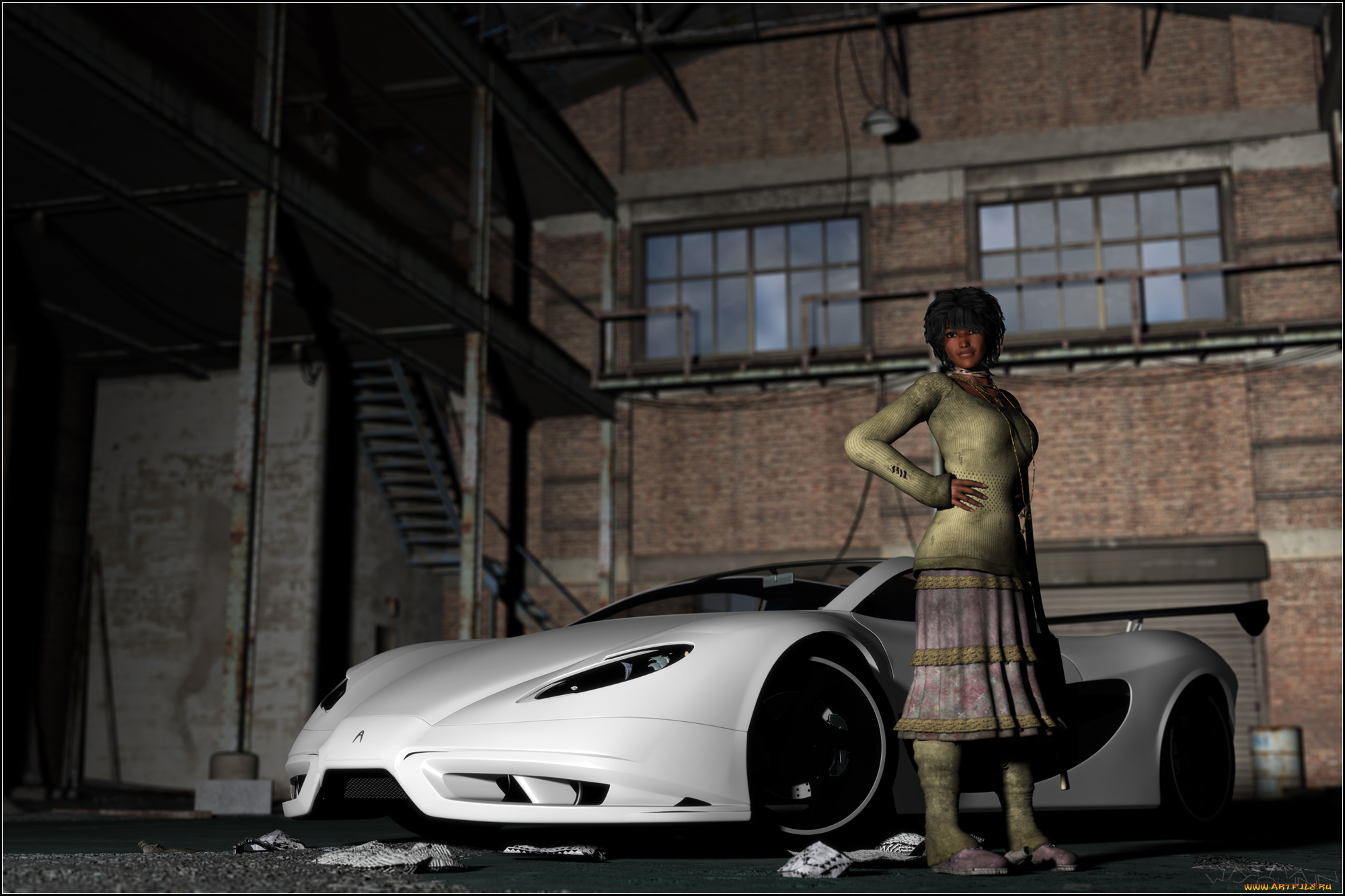 3д, графика, люди, , people, девушка, взгляд, фон, автомобиль