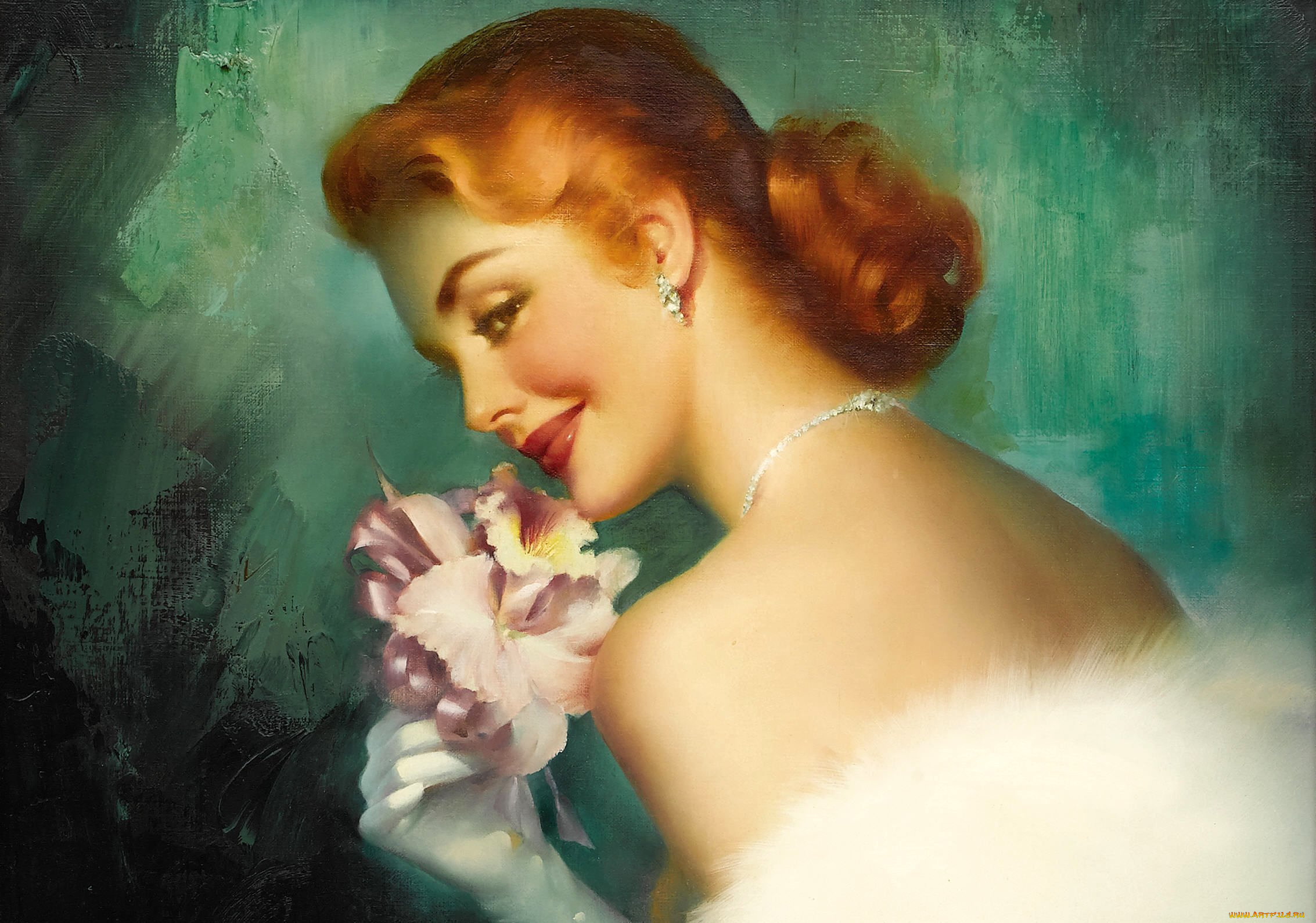 рисованное, живопись, холст, edward, runci, макияж, взгляд, спина, цветок, перчатки, прическа