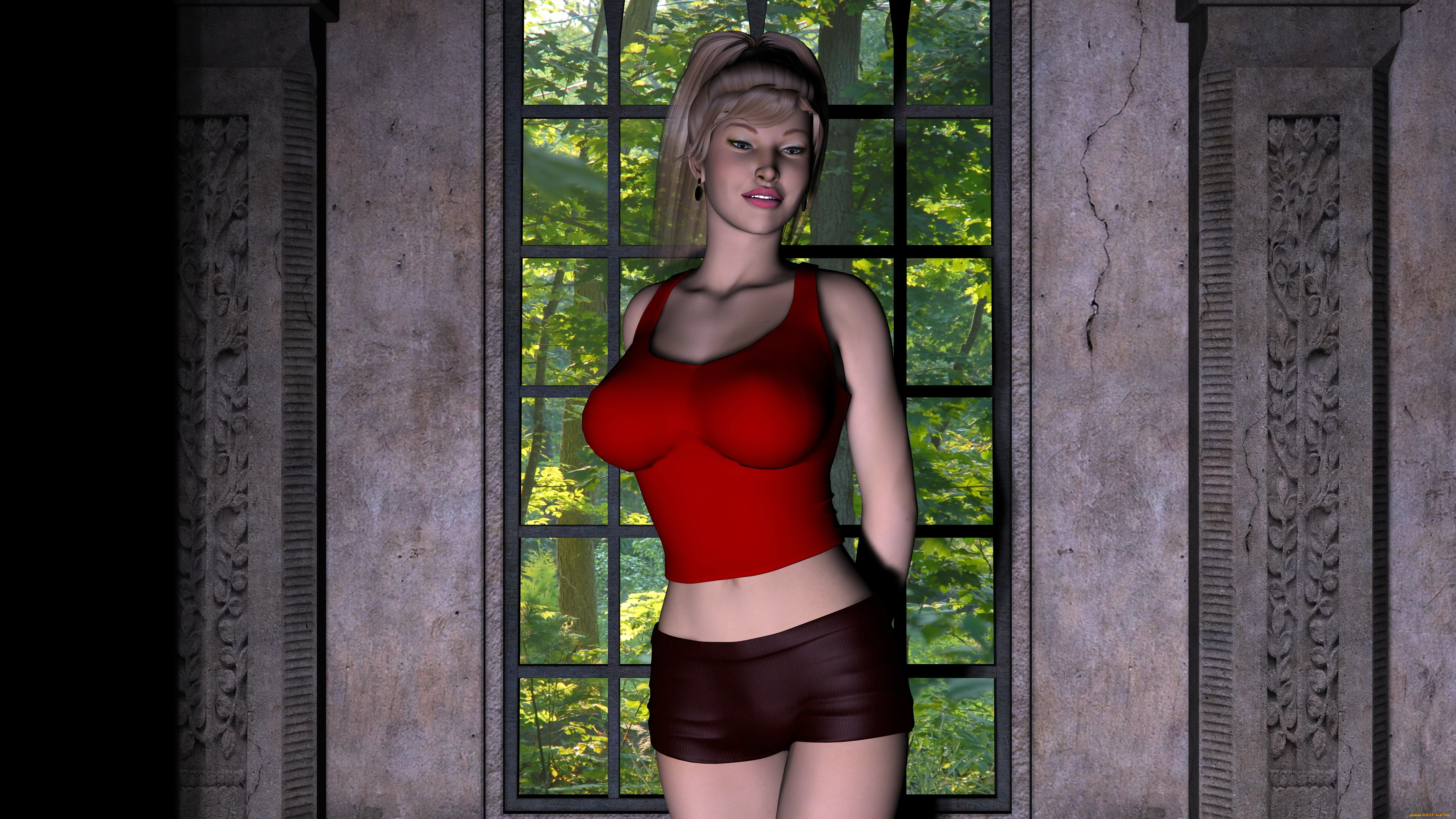 3д, графика, люди, , people, девушка, взгляд, фон, улыбка, кофта, шорты