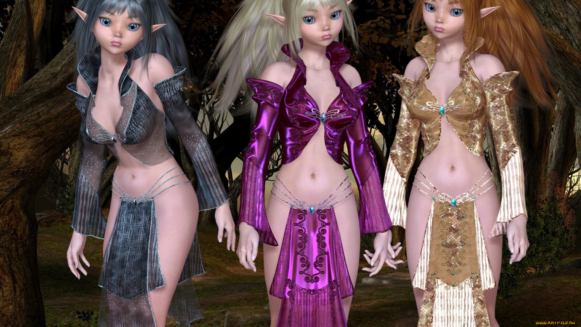 3д, графика, эльфы, , elves, фон, взгляд, эльфийки