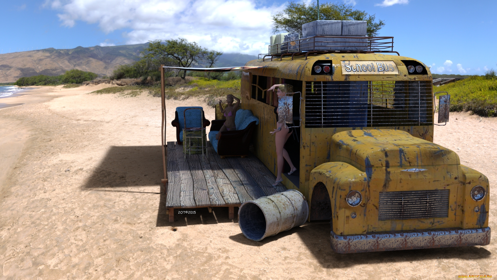 3д, графика, люди, , people, автомобиль, фон, взгляд, девушка, пустыня