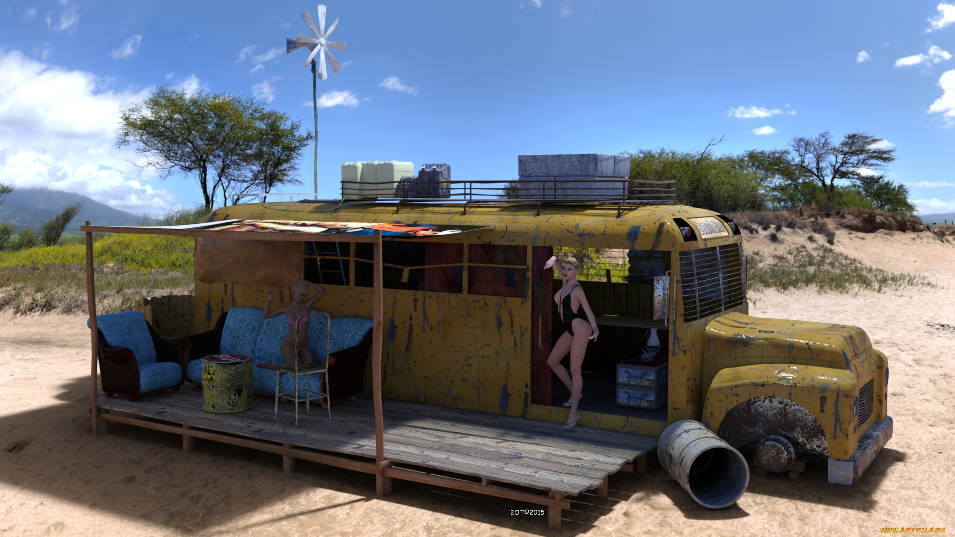 3д, графика, люди, , people, фон, пустыня, взгляд, автомобиль, девушка