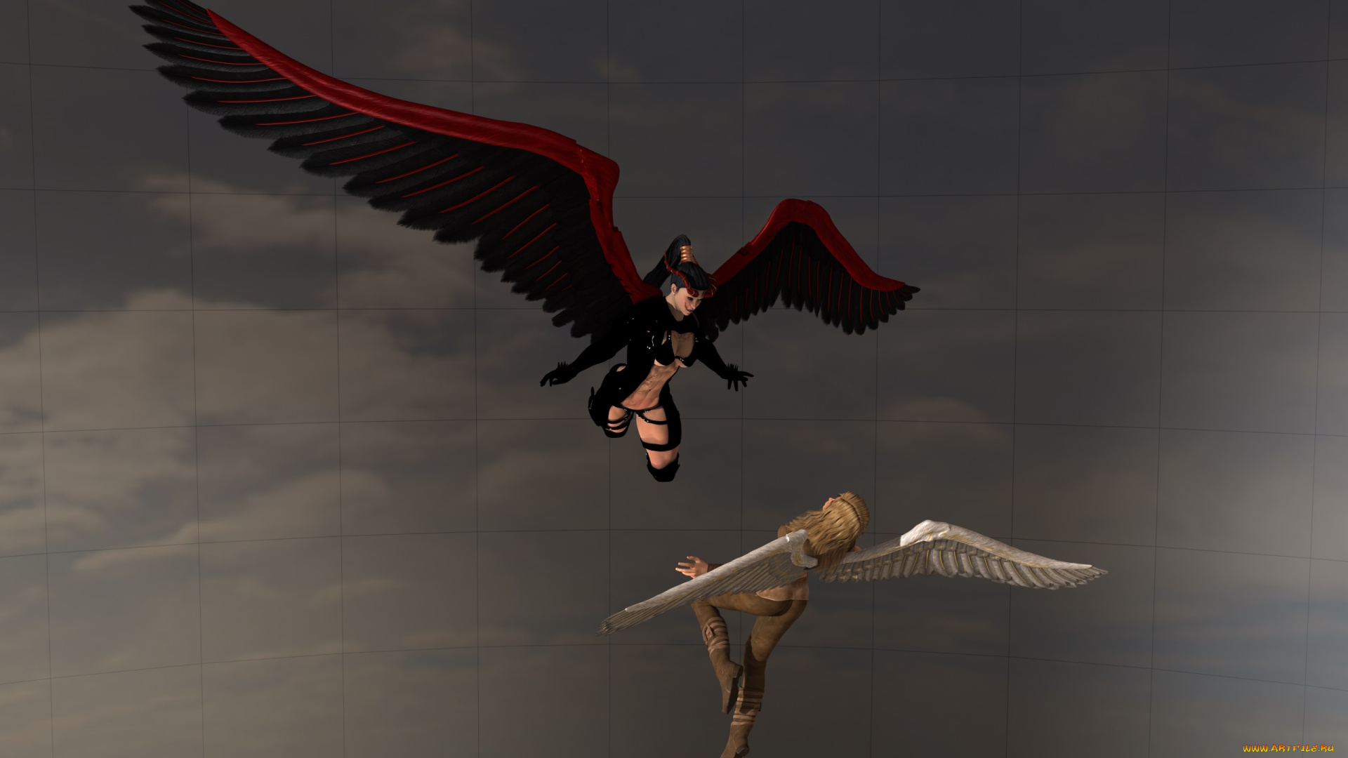 3д, графика, существа, , creatures, ангел, девушки, взгляд, фон, демон