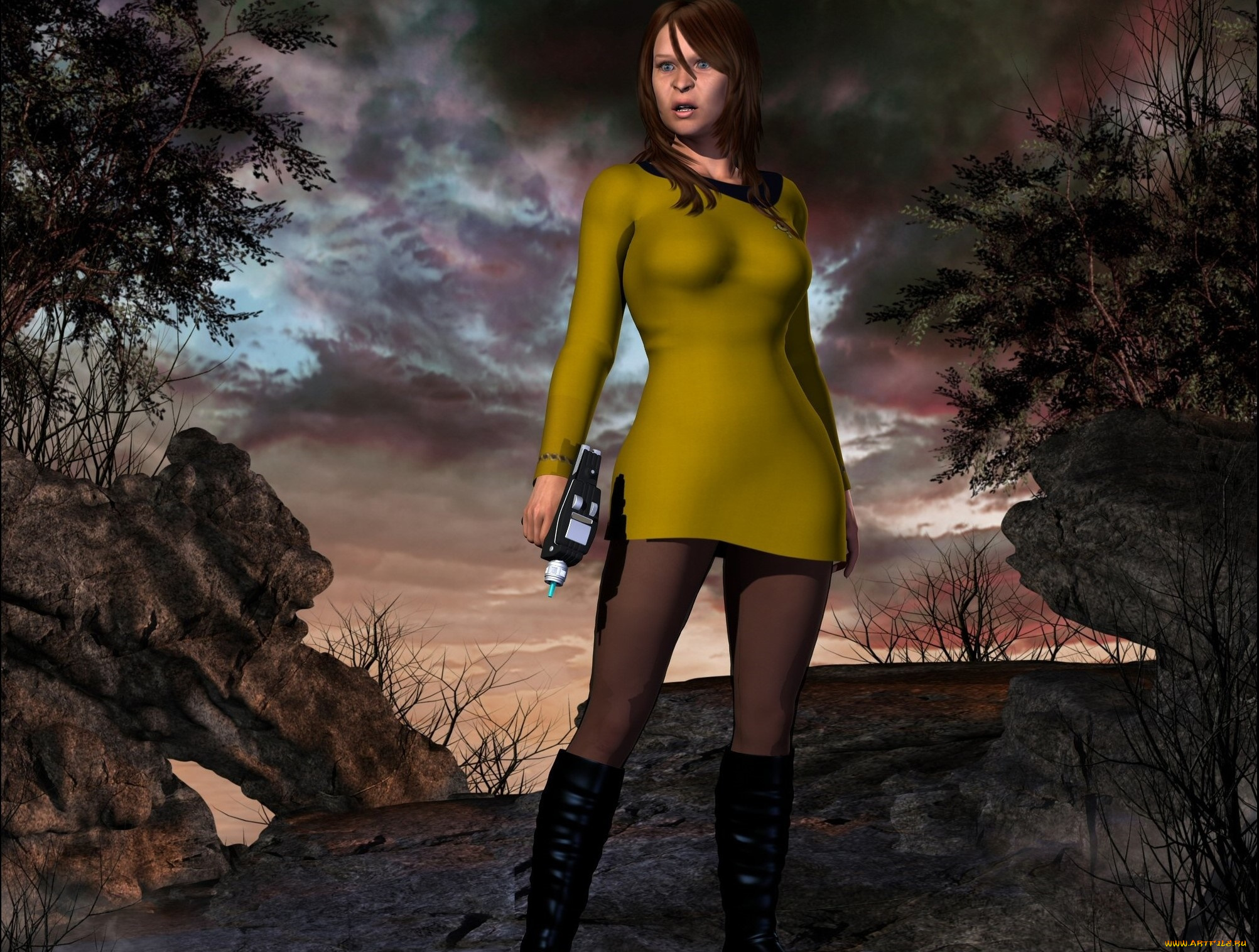 3д, графика, фантазия, , fantasy, оружие, взгляд, девушка, фон