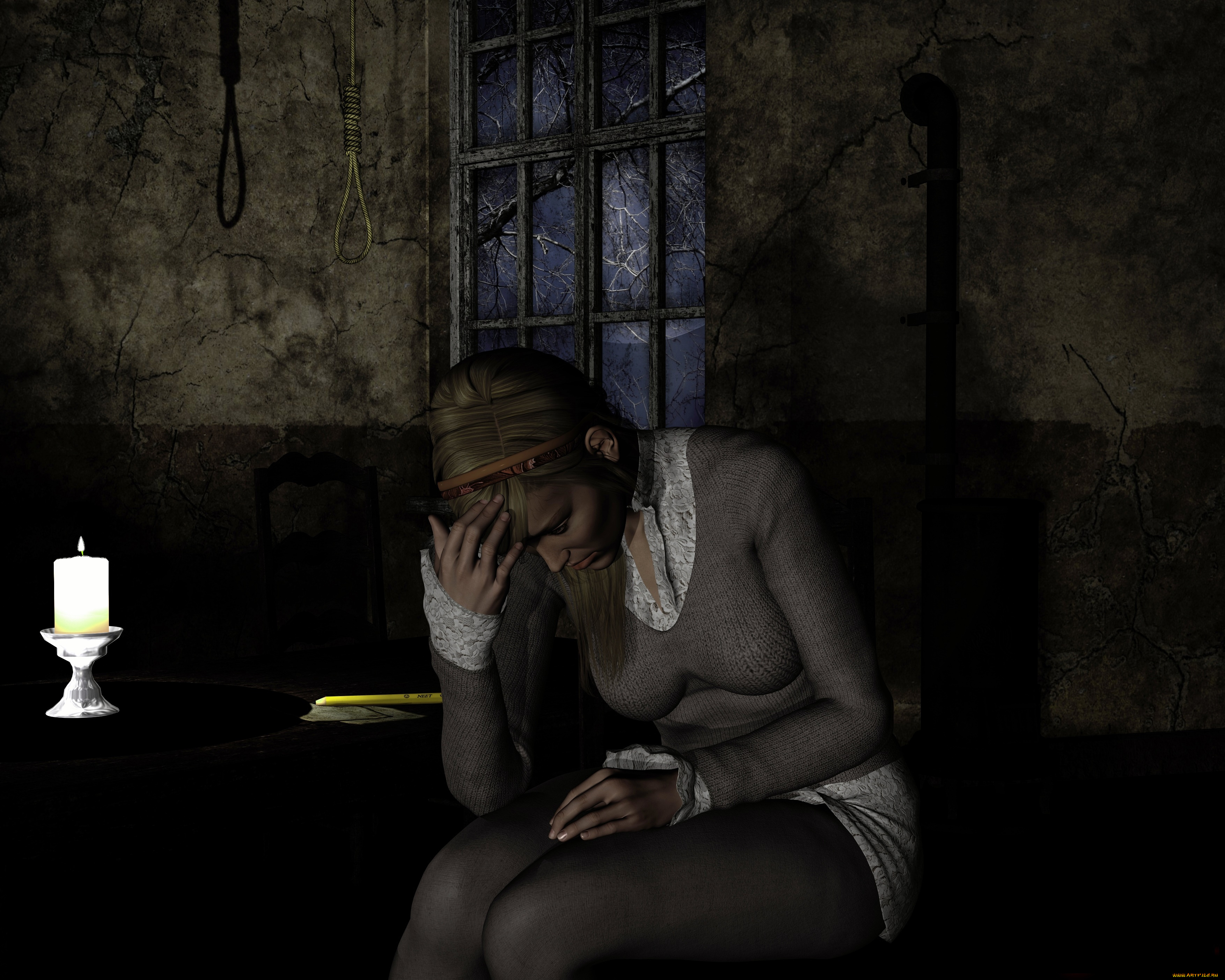 3д, графика, фантазия, , fantasy, свеча, фон, взгляд, девушка