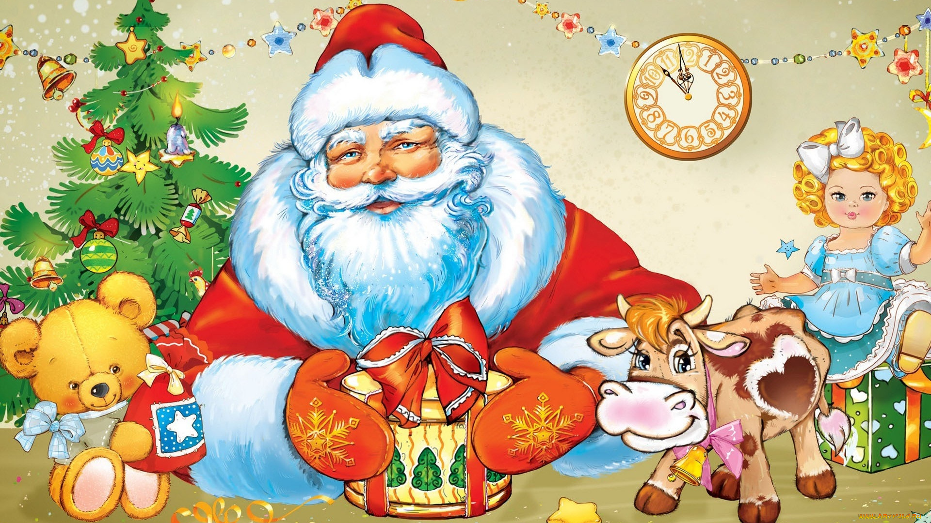 праздничные, рисованные, дед, мороз, гирлянда, праздник, корова, мишка, елка, украшения, кукла, часы