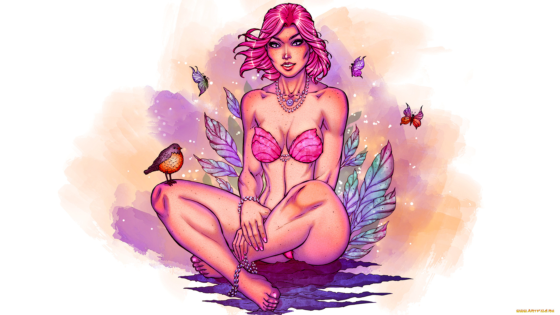 рисованное, комиксы, птичка, бабочки, взгляд, девушка, фон