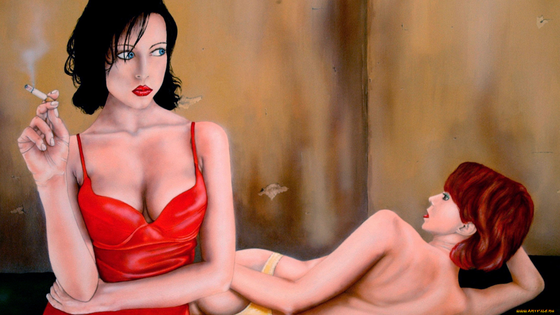 рисованное, люди, платье, фон, девушки, сигарета