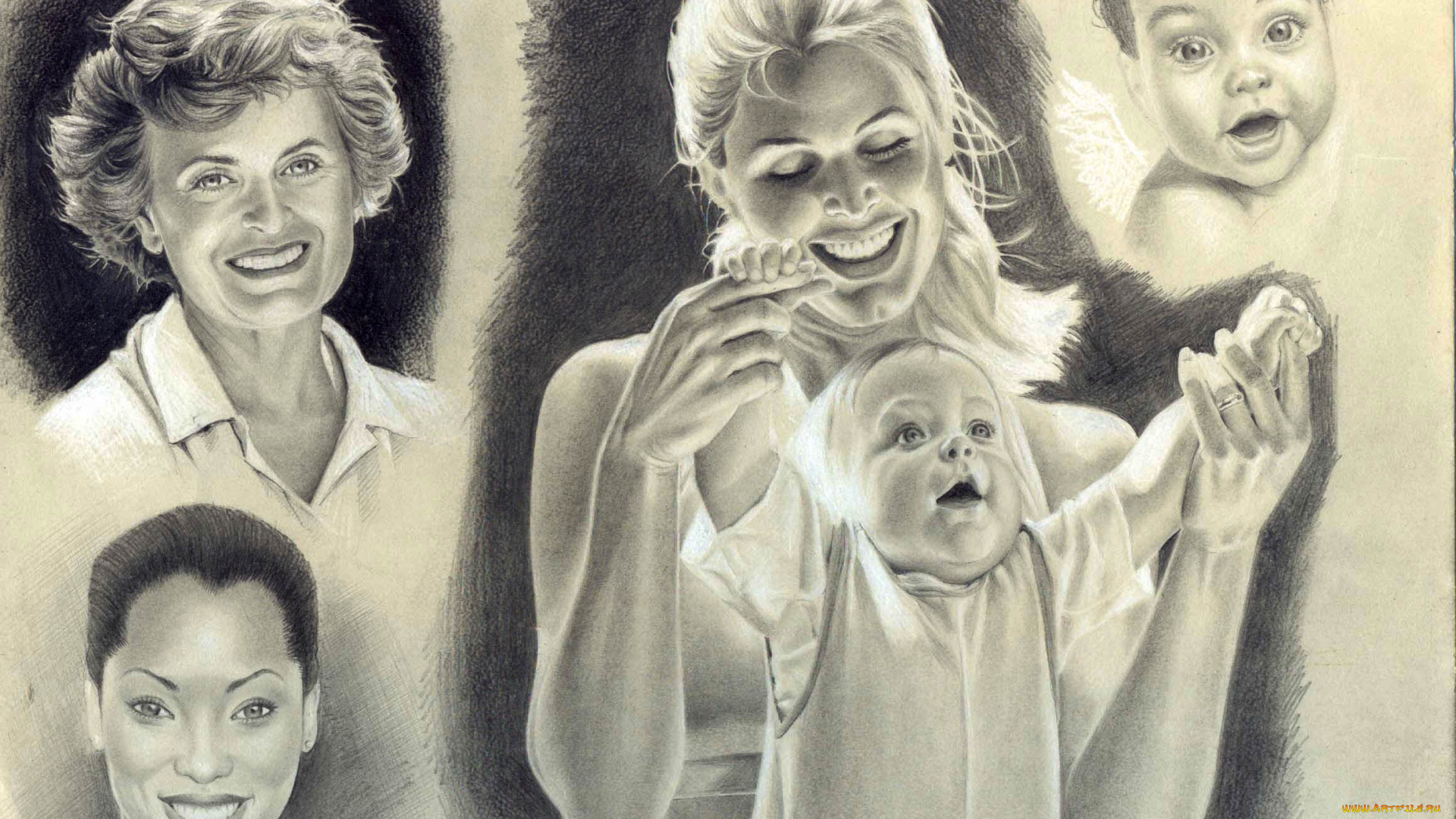 рисованное, люди, улыбка, взгляд, фон, дети, девушки