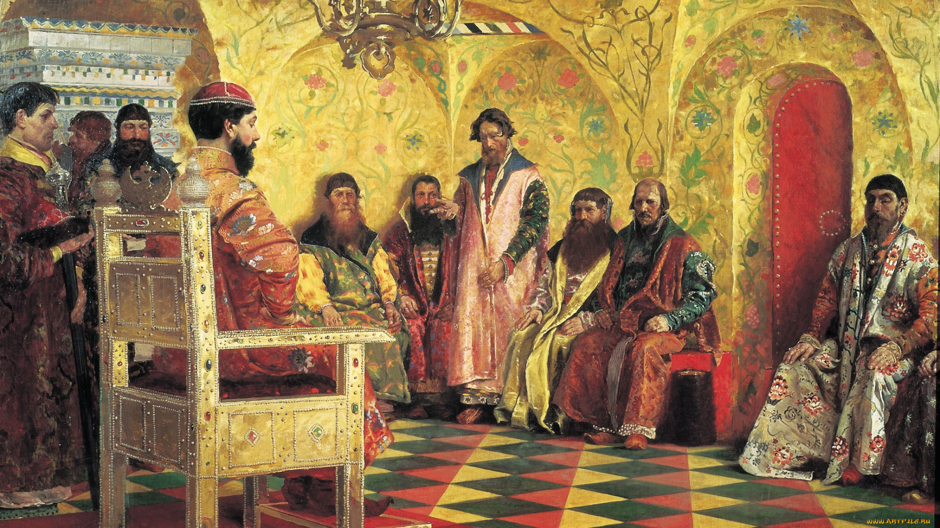 рисованное, живопись, андрей, рЯбушкин, сидение, царя, михаила, фёдоровича, палаты, романовых