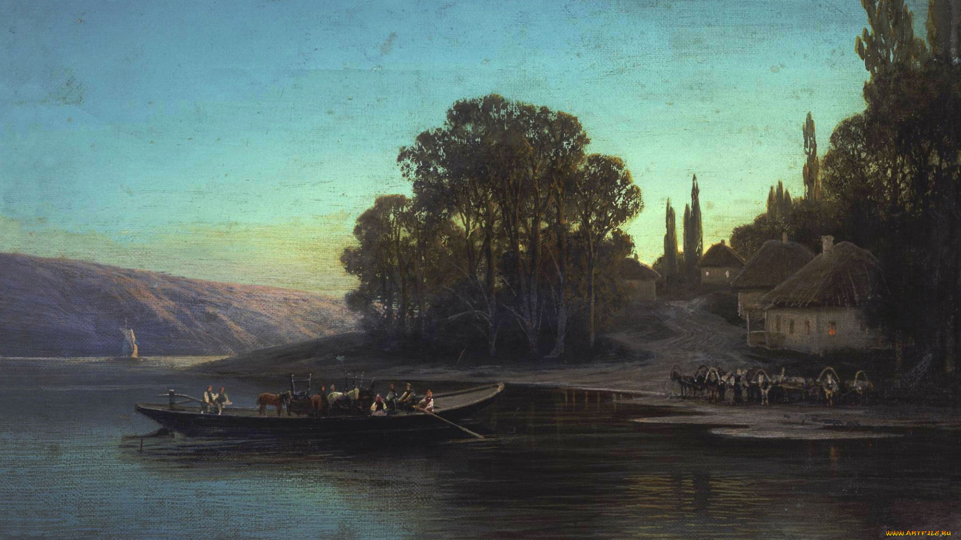 рисованное, живопись, лодка, холст, река, переправа, ночной, пейзаж, пётр, суходольский, масло