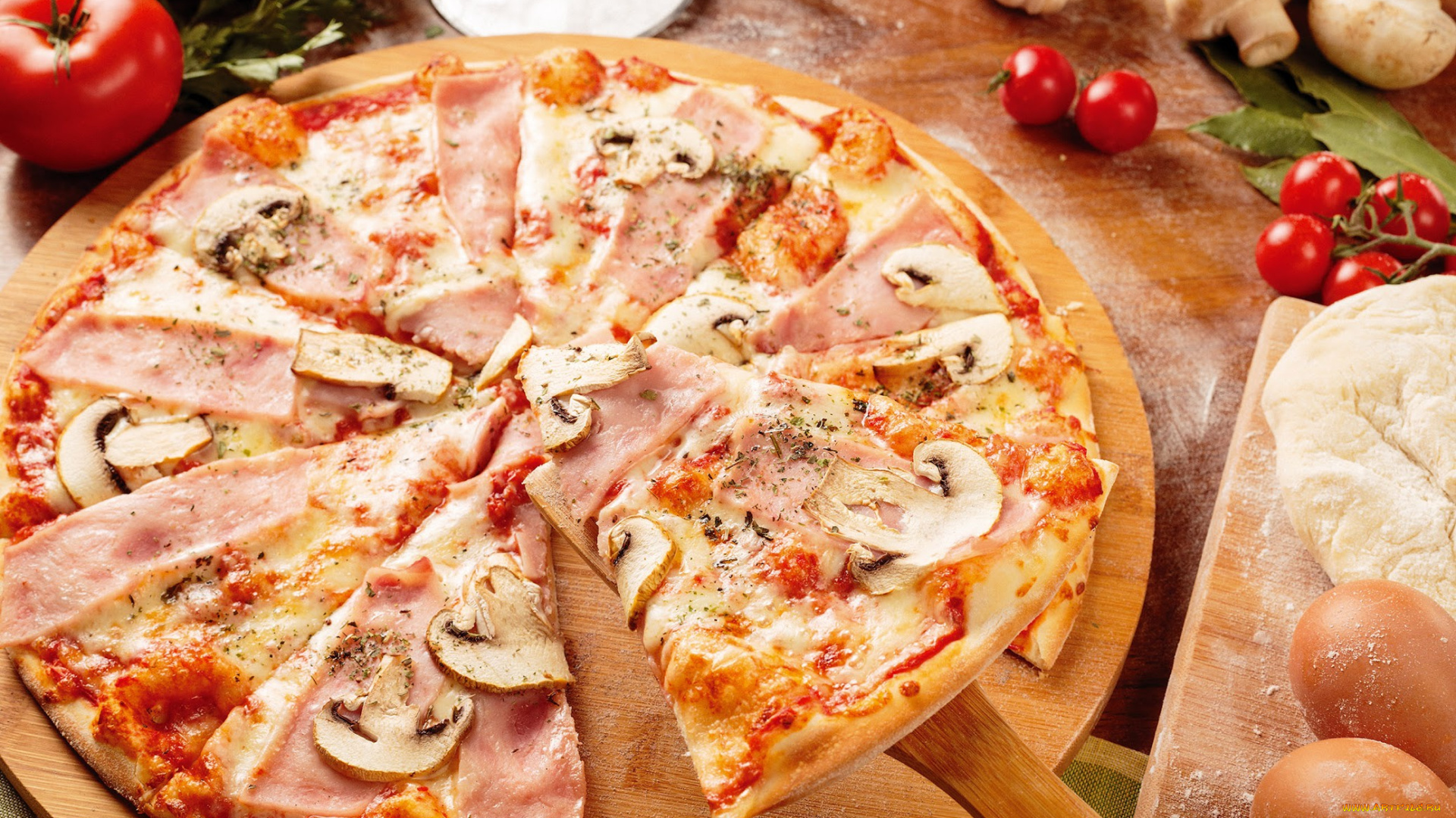 еда, пицца, ветчина, помидор, сыр, грибы