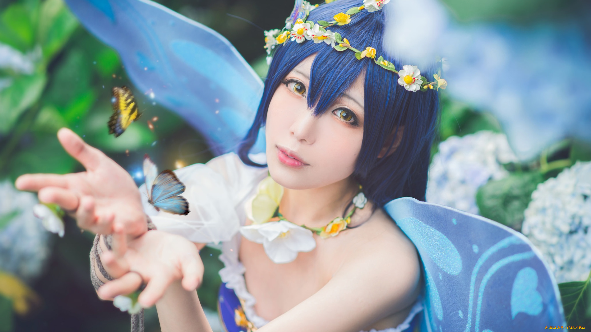 разное, cosplay, , косплей, челка, гортензия, синие, волосы, персонаж, сказочный, жест, венок