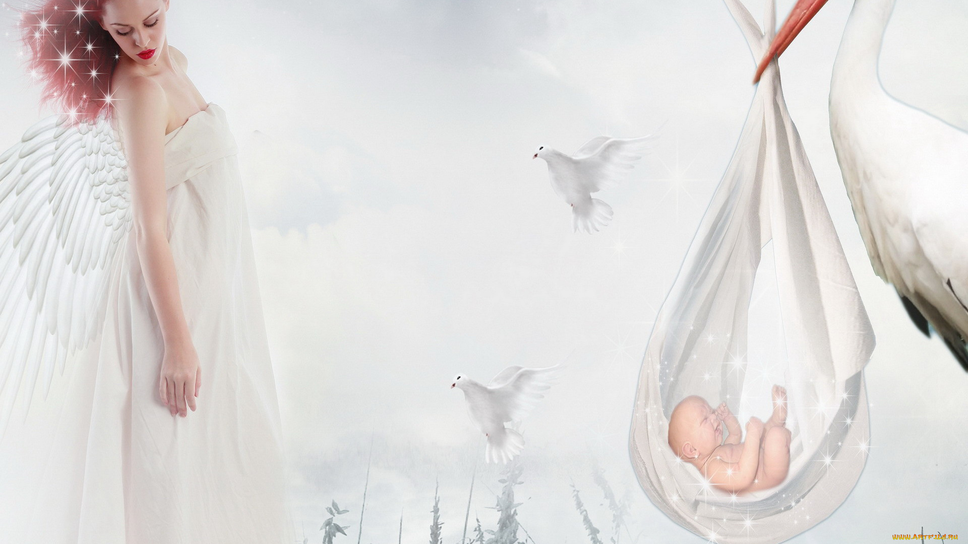 разное, компьютерный, дизайн, ангел, крылья, девушка, аист, младенец
