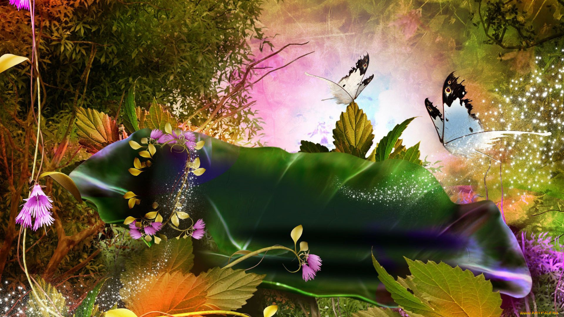 разное, компьютерный, дизайн, летняя, фантазия, абстракция, пыльца, цветы, бабочки, листья
