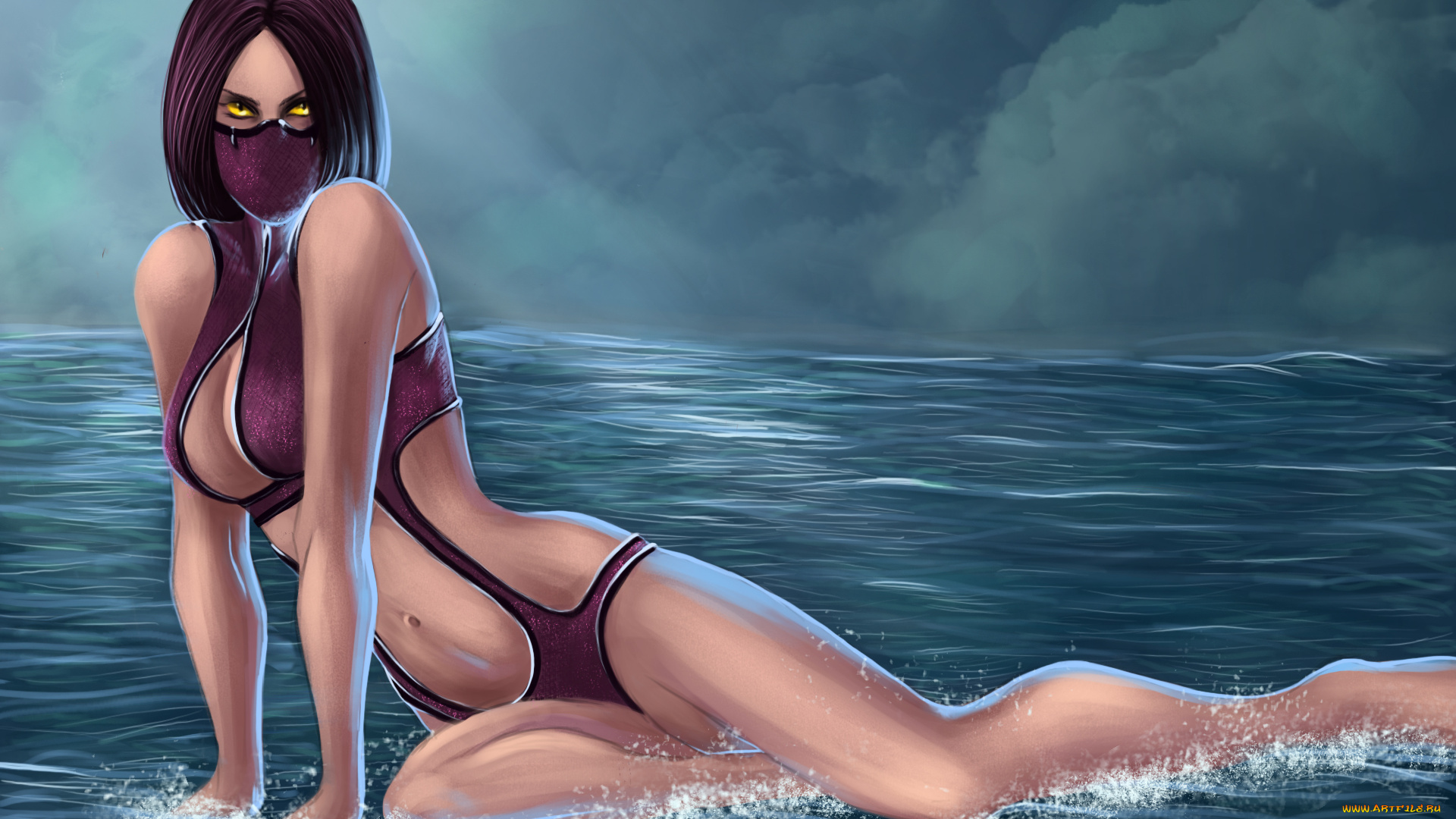 рисованное, комиксы, купальник, маска, фон, взгляд, девушка