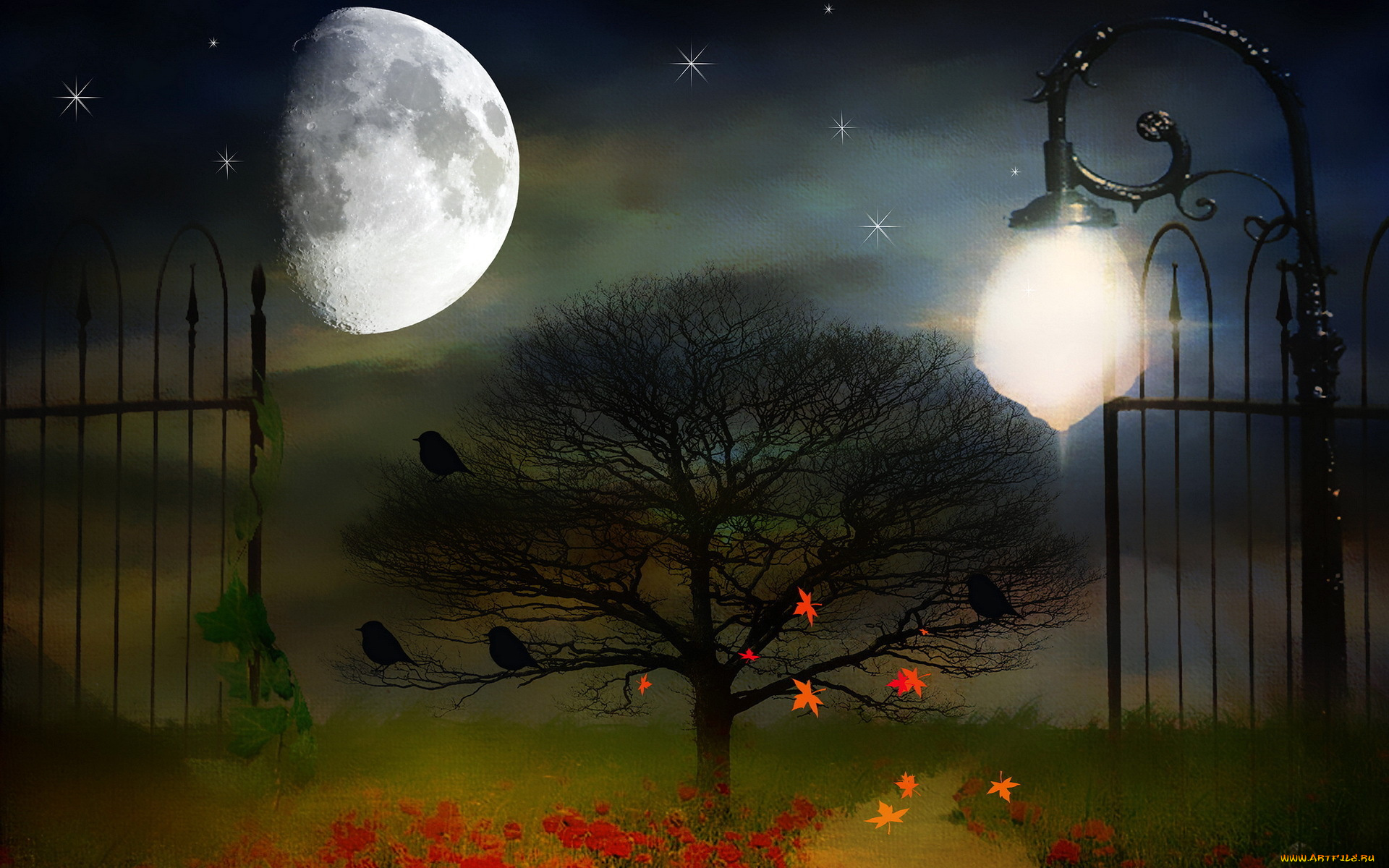 разное, компьютерный, дизайн, луна, забор, фонарь, дерево, листья, птицы