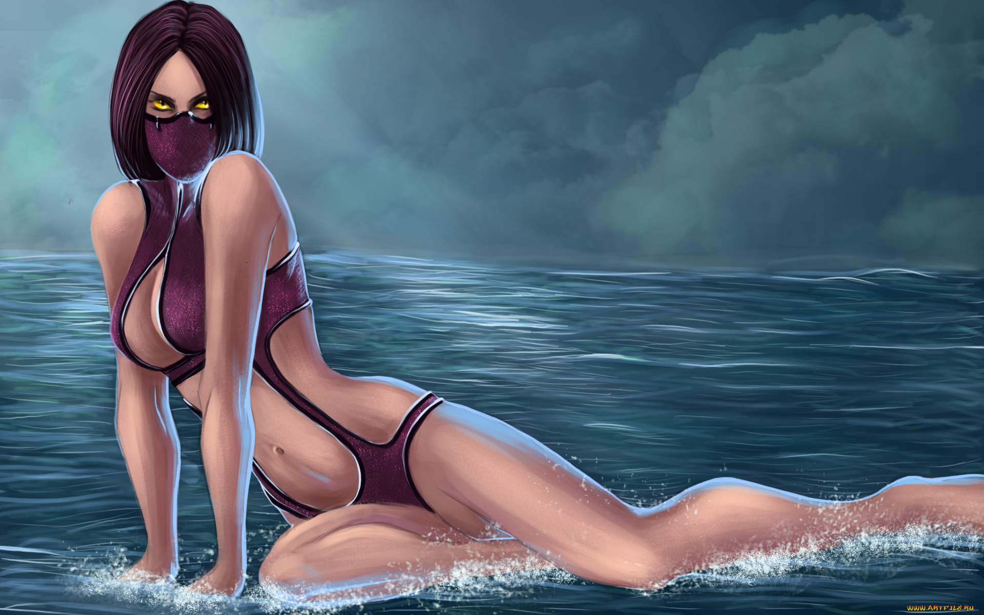 рисованное, комиксы, купальник, маска, фон, взгляд, девушка