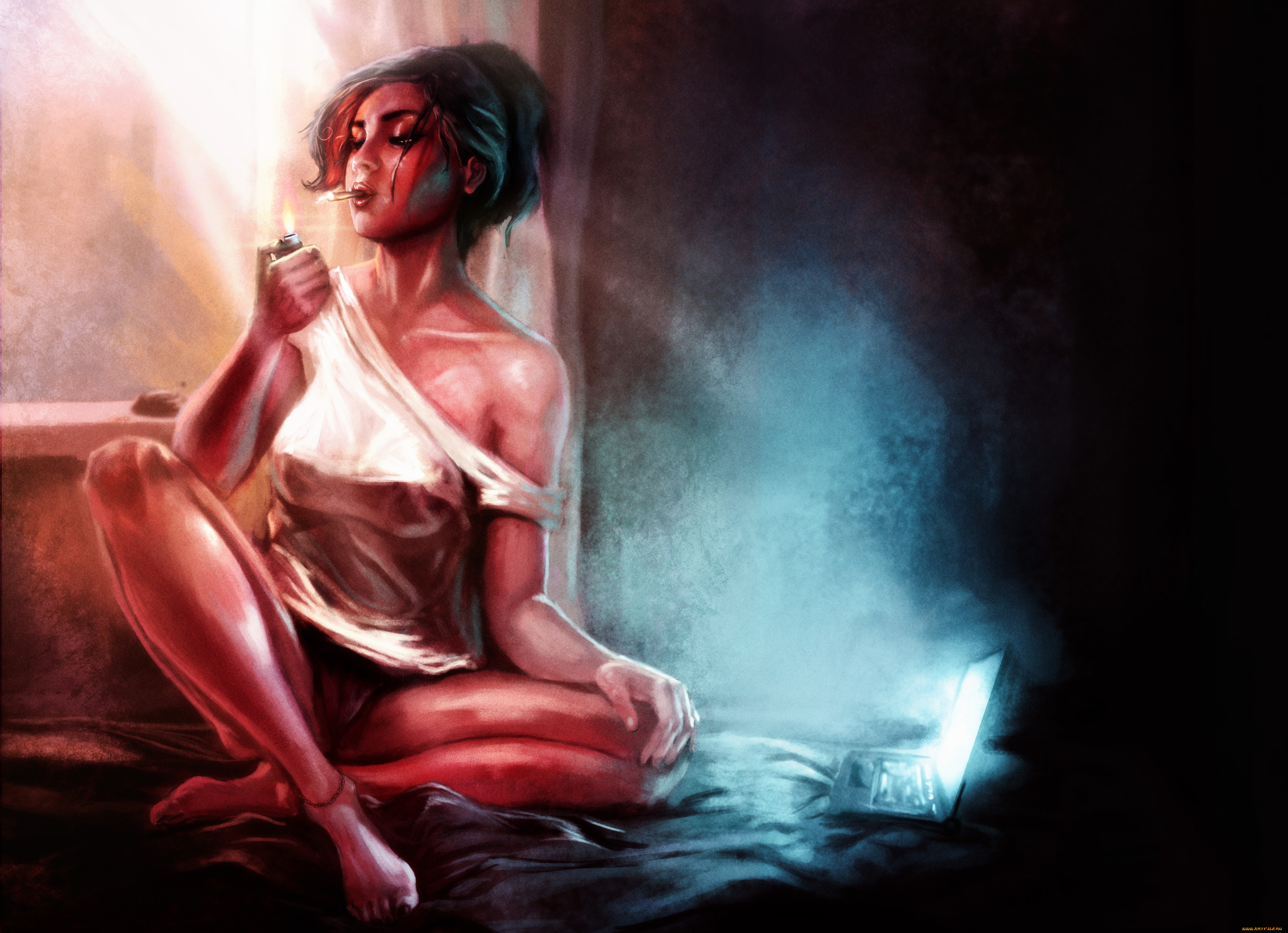 рисованное, люди, ноутбук, сигарета, фон, девушка, зажигалка