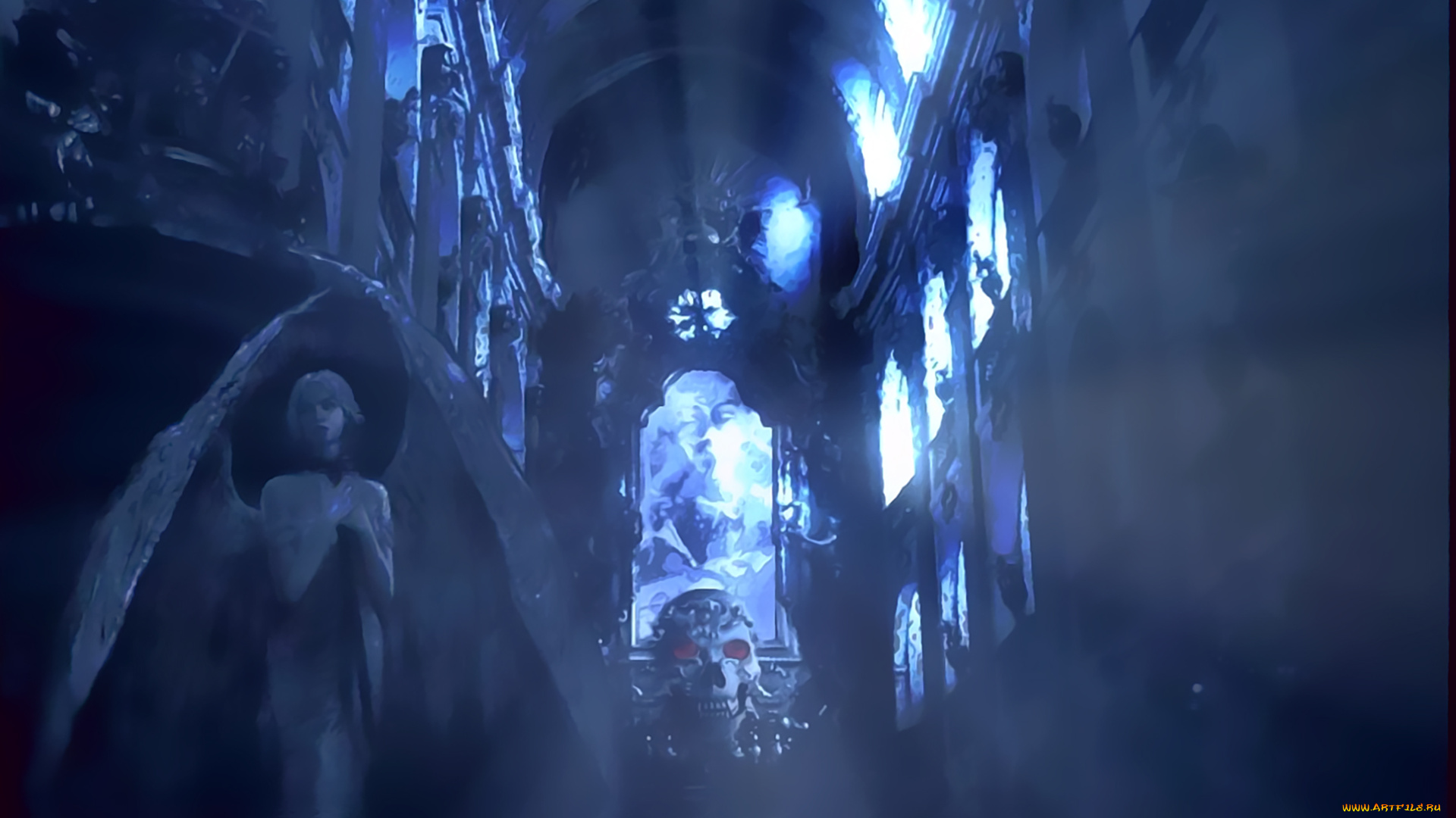 календари, фэнтези, 2019, calendar, помещение, окно, череп, силуэт, крылья, девушка, ангел