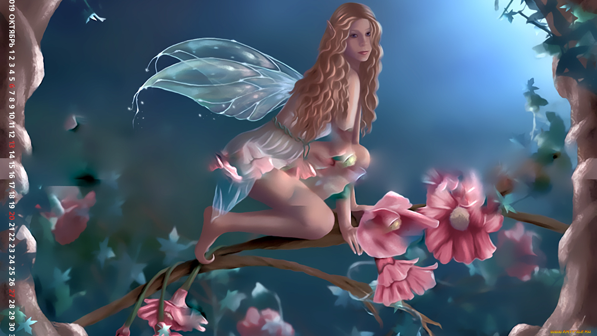 календари, фэнтези, calendar, девушка, растение, цветы, крылья, фея, ветка, 2019