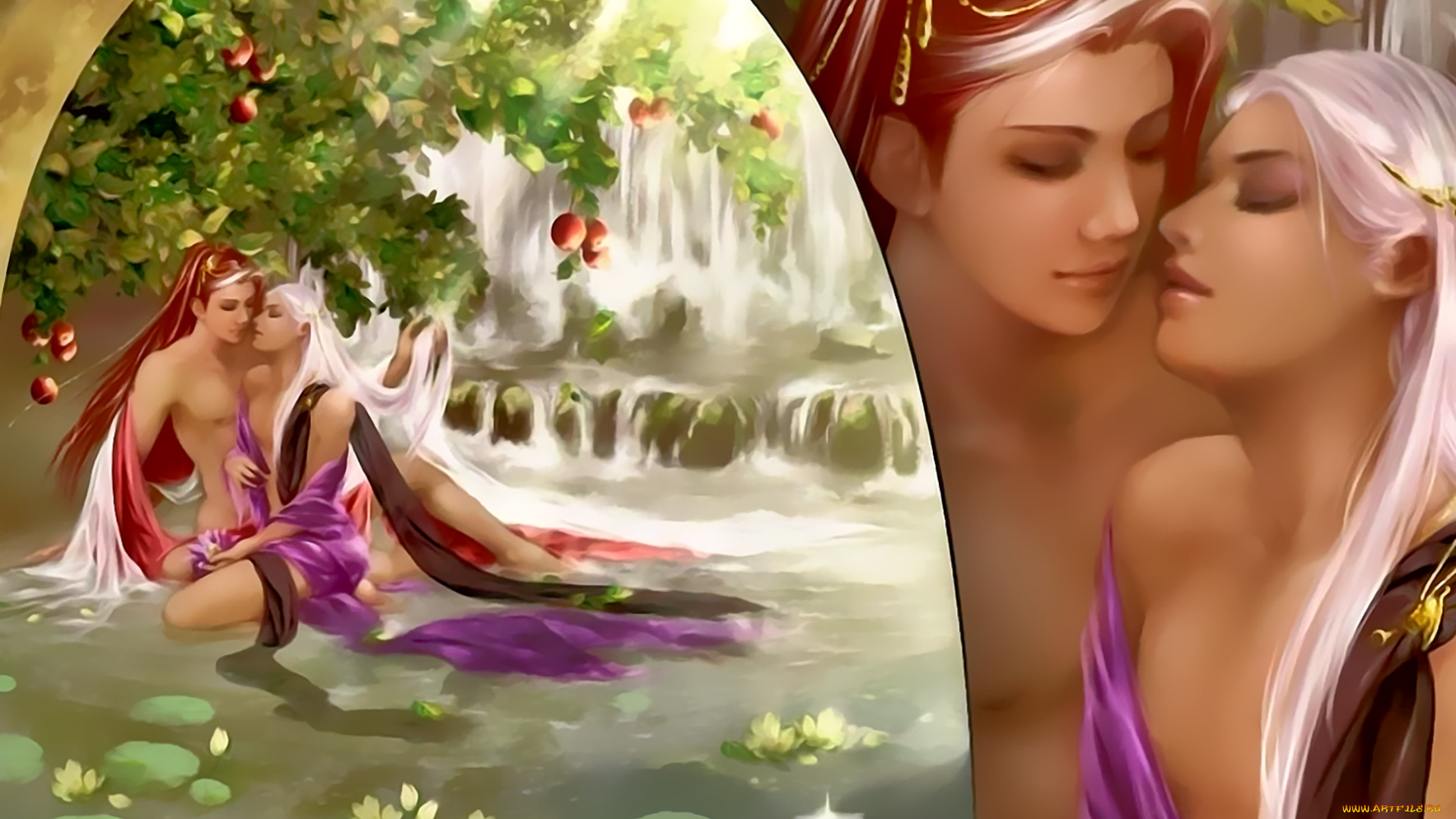 календари, фэнтези, природа, водопад, девушка, любовь, calendar, чувство, яблоня, 2019