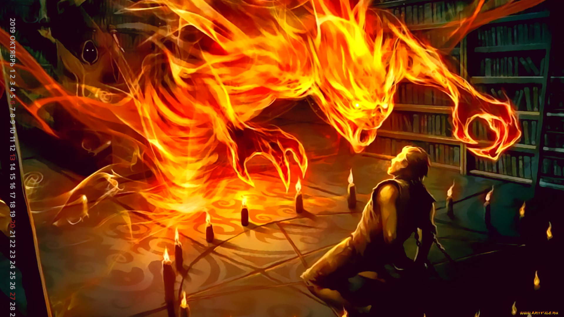 календари, фэнтези, существо, мужчина, пламя, свеча, 2019, calendar, стеллаж, книга, комната