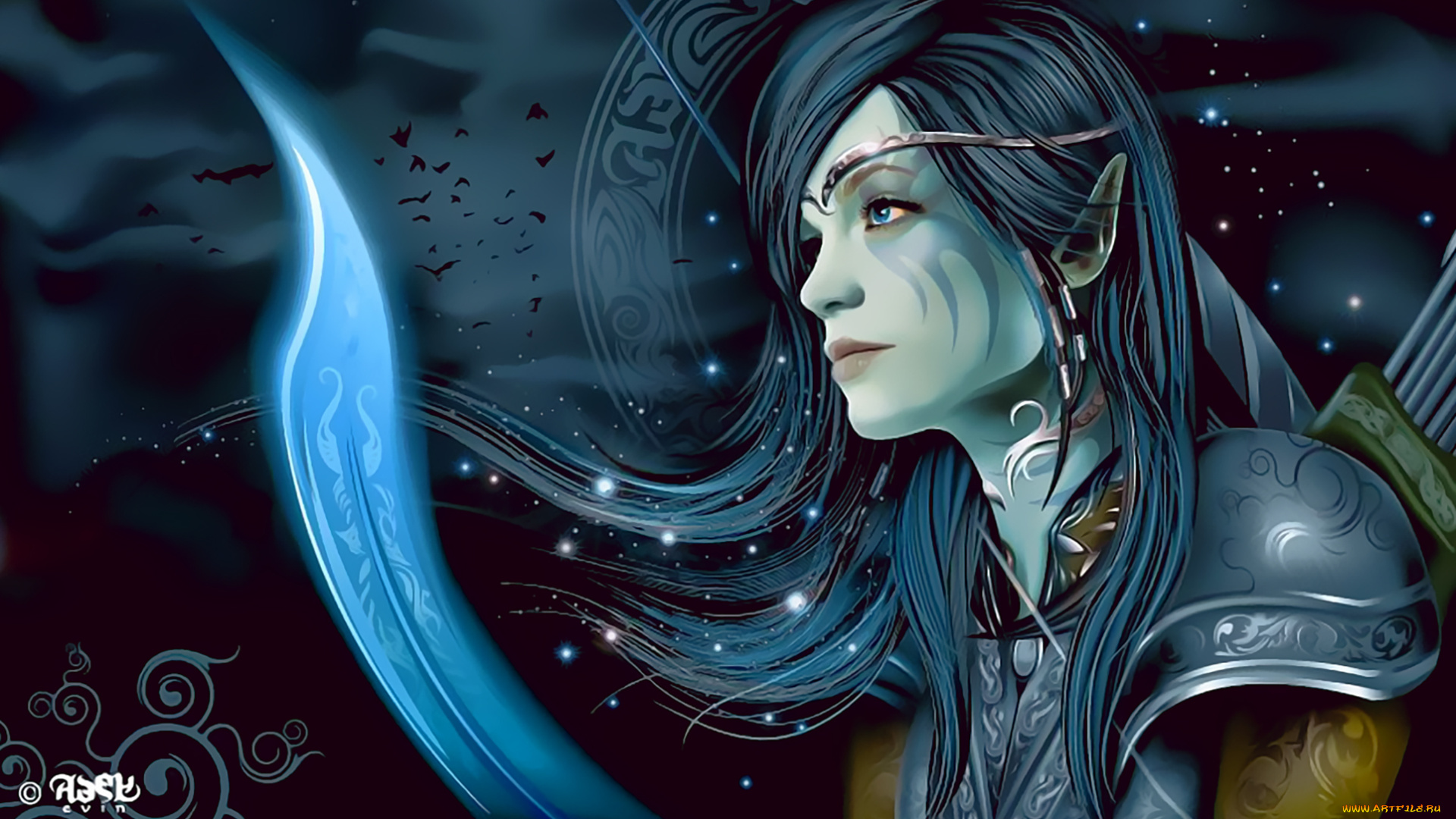 календари, фэнтези, узор, calendar, 2019, рисунок, профиль, оружие, эльф, девушка