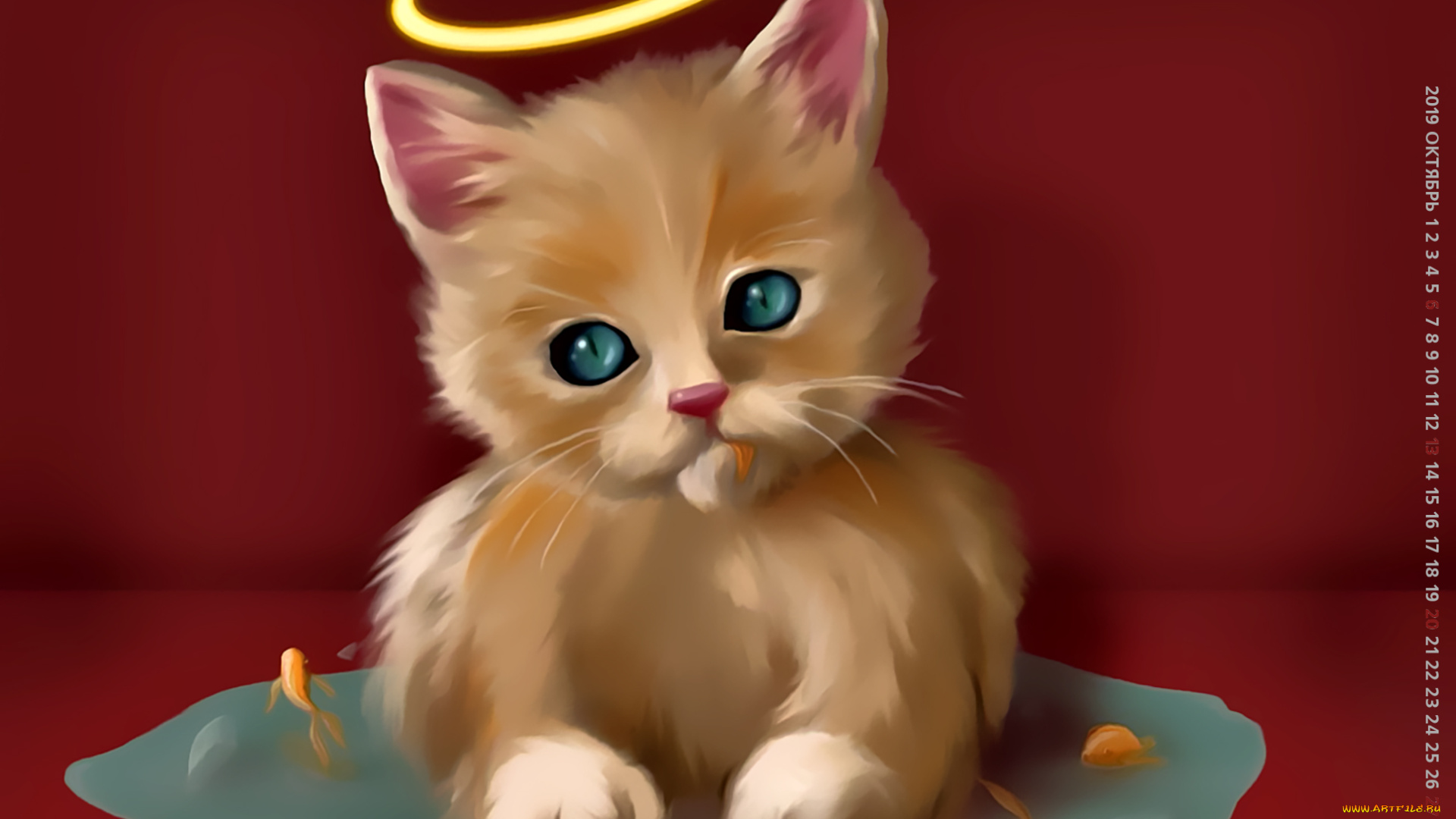 календари, рисованные, , векторная, графика, котенок, нимб, вода, 2019, calendar, рыба, животное, кошка, кот