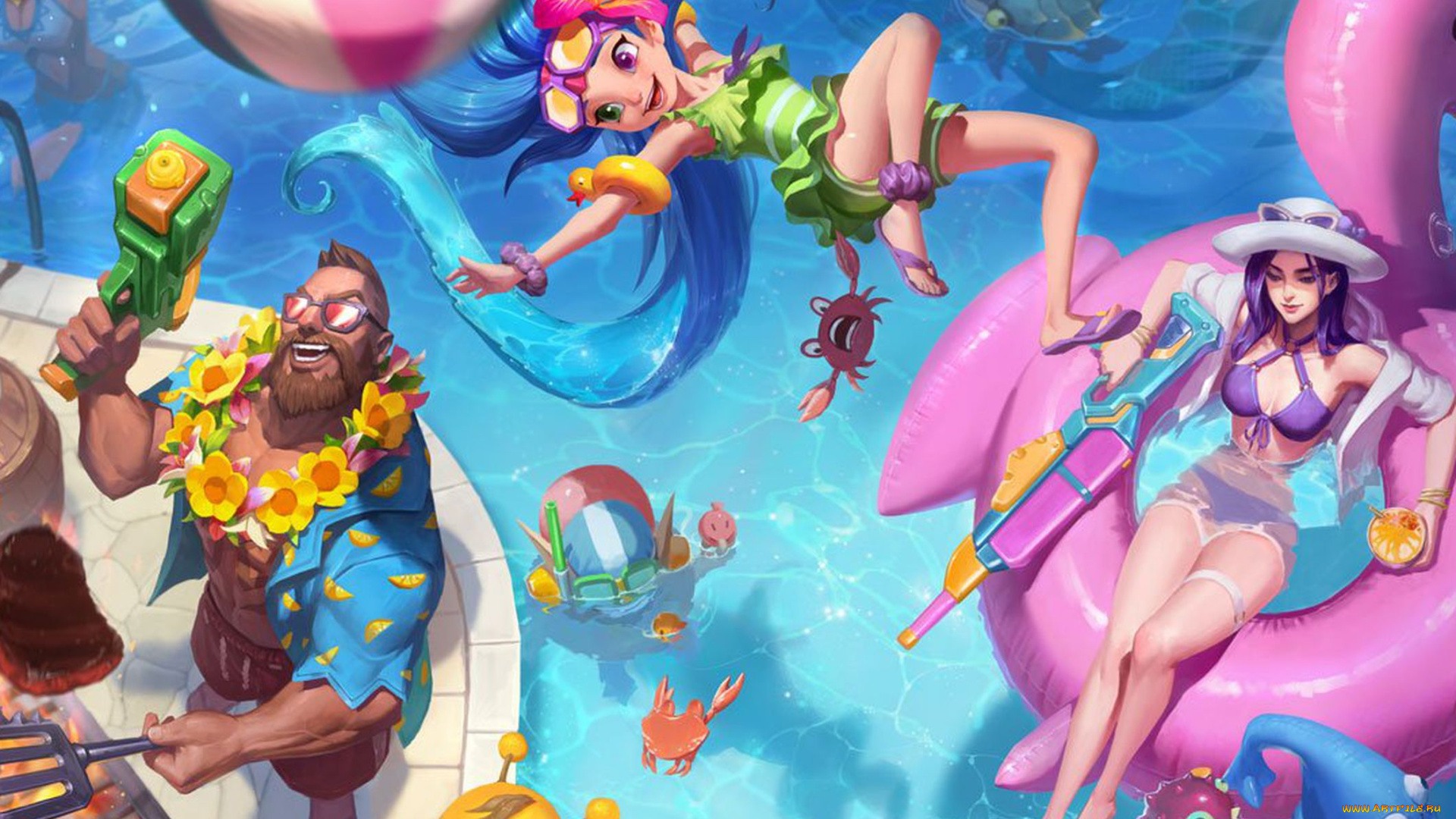 видео, игры, league, of, legends, отдых, бассейн, барбекю, персонажи