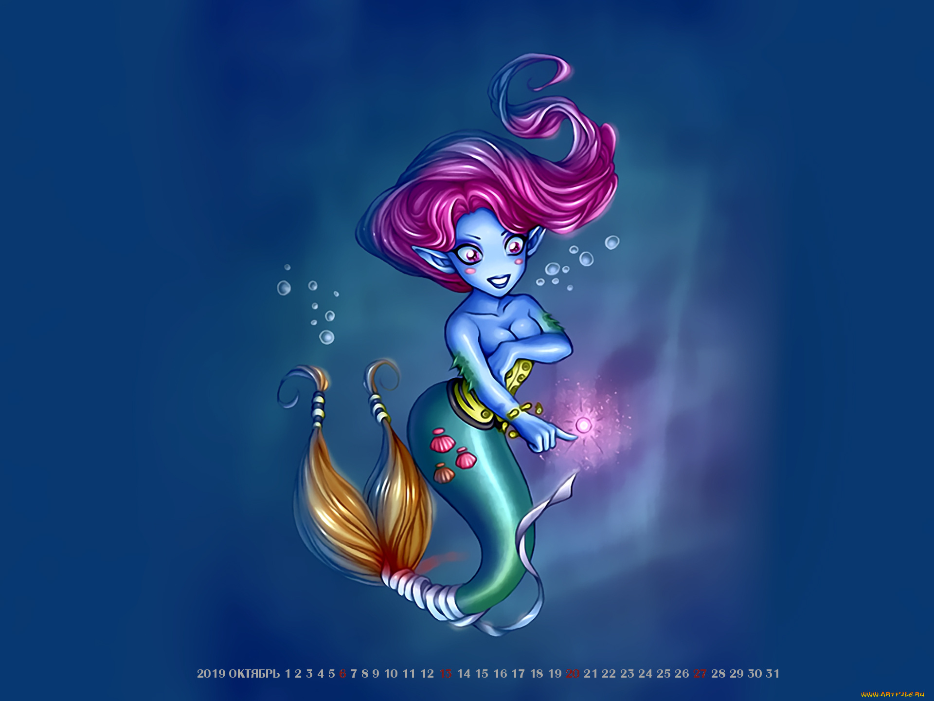 календари, фэнтези, calendar, хвост, девушка, пузыри, русалка, 2019