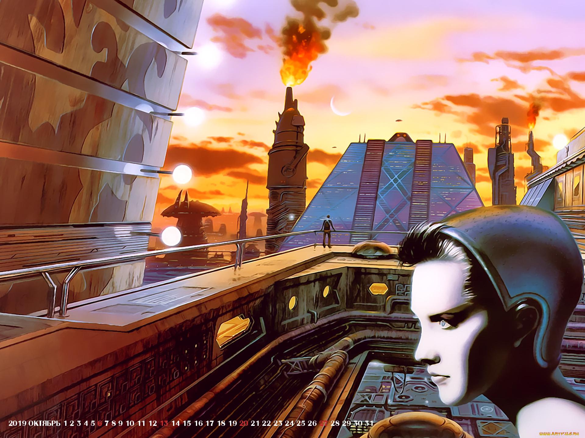 календари, фэнтези, девушка, пламя, сооружение, 2019, calendar