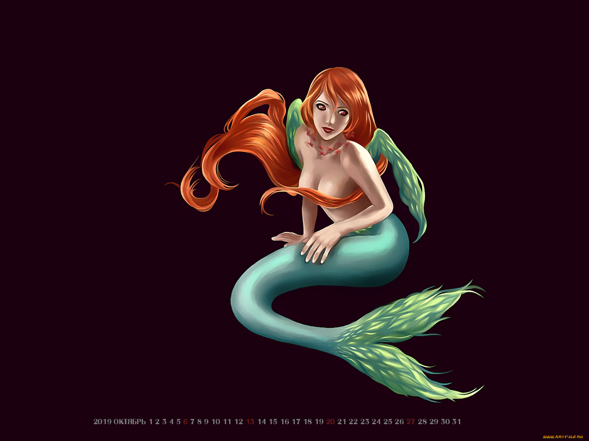 календари, фэнтези, русалка, 2019, calendar, хвост, фон, девушка, черный