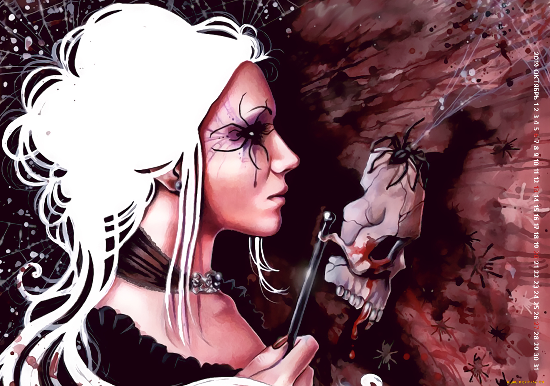 календари, фэнтези, череп, профиль, женщина, calendar, 2019, маска, девушка, паук, паутина