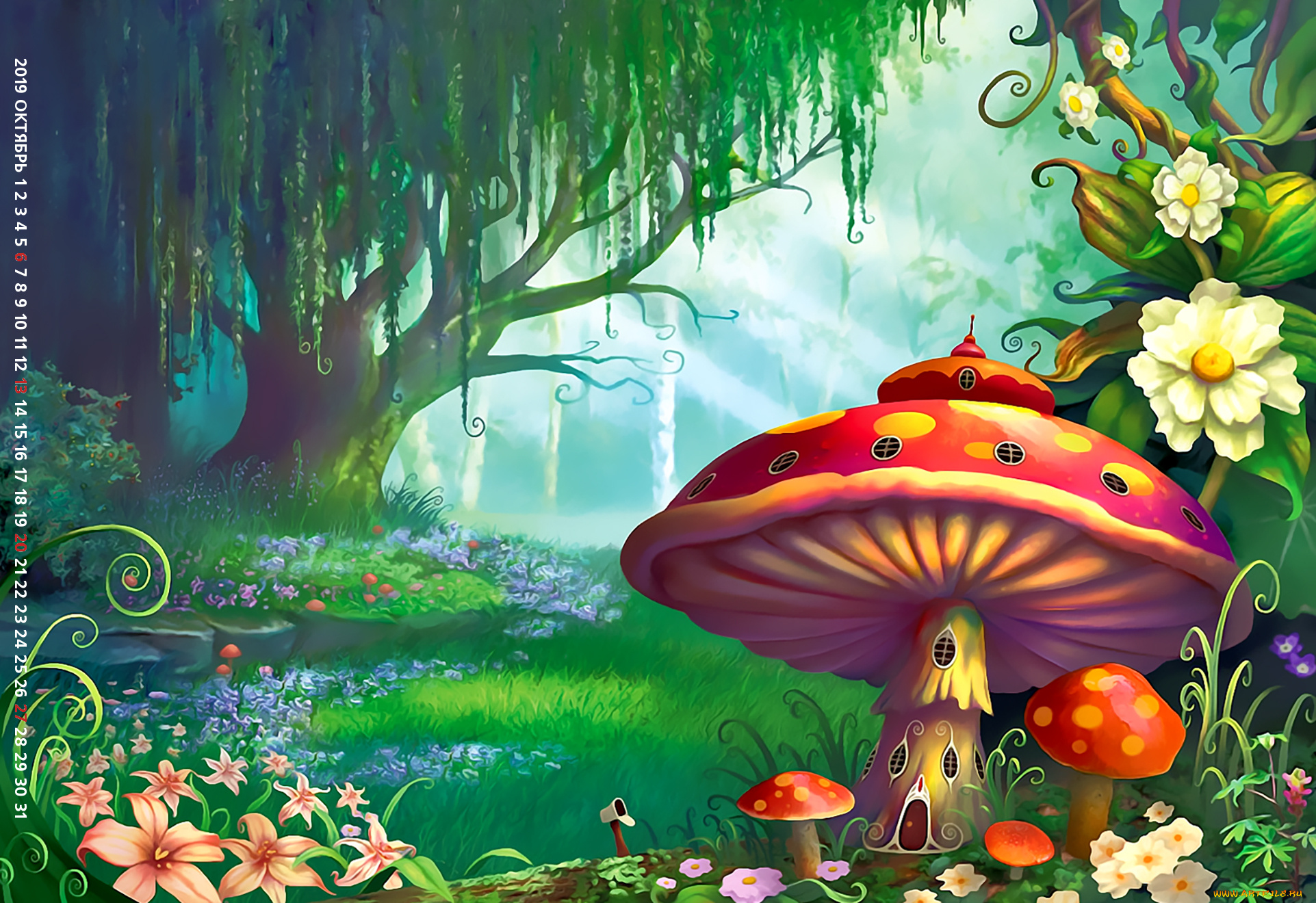 календари, фэнтези, дерево, природа, растение, calendar, 2019, дом, гриб