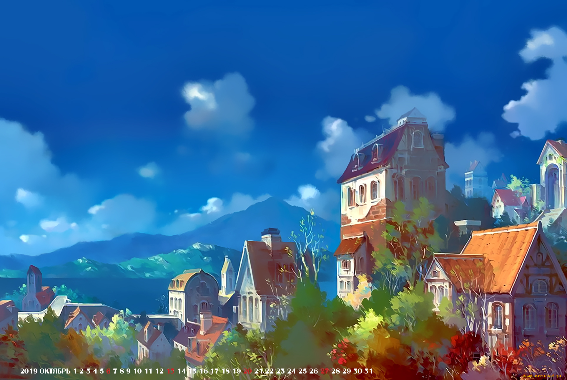 календари, рисованные, , векторная, графика, 2019, calendar, город, дерево, дом, здание