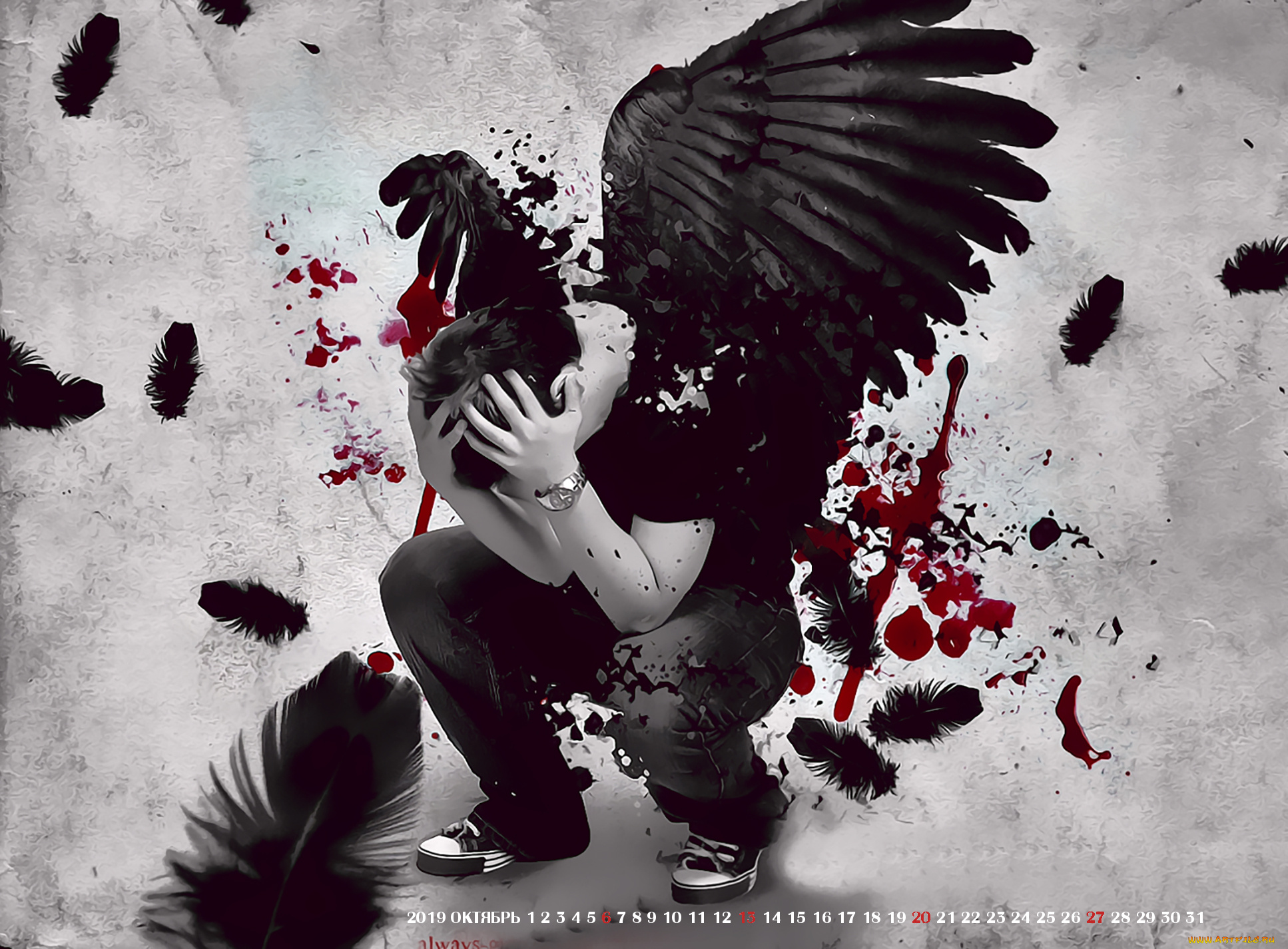 календари, фэнтези, крылья, 2019, calendar, мужчина, часы, перо, ангел, черный